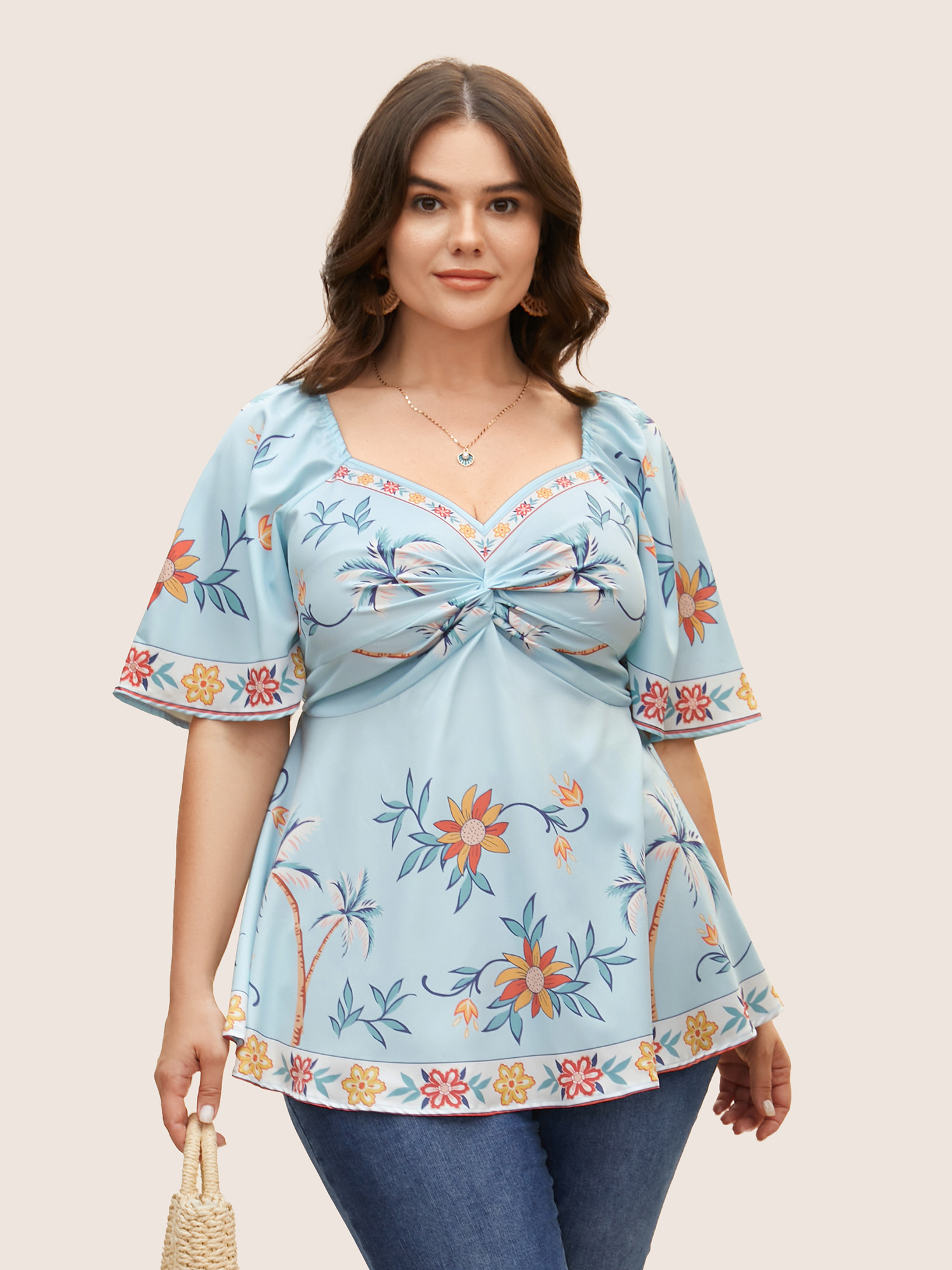 

Plus Size Multicolor Boho Print Heart Neckline Twist Front Blouse Women Resort Half Sleeve Heart neckline Vacation Blouses BloomChic