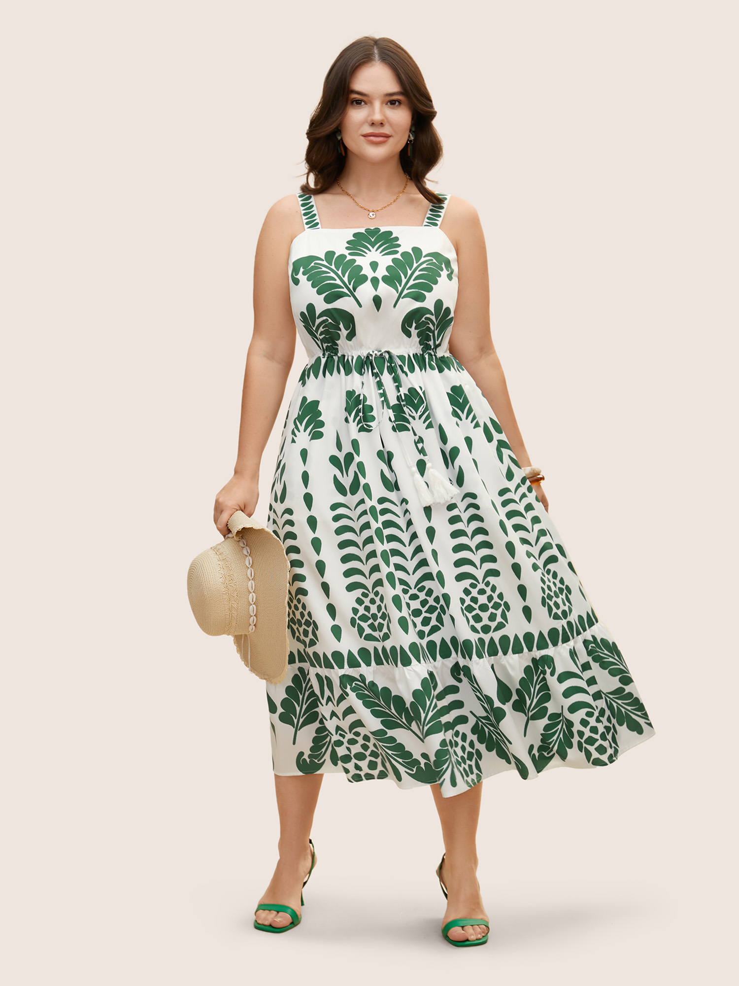 

Plus Size Tropical Print Drawstring Tassels Cami Dress Emerald Women Tassels Non Sleeveless Curvy BloomChic