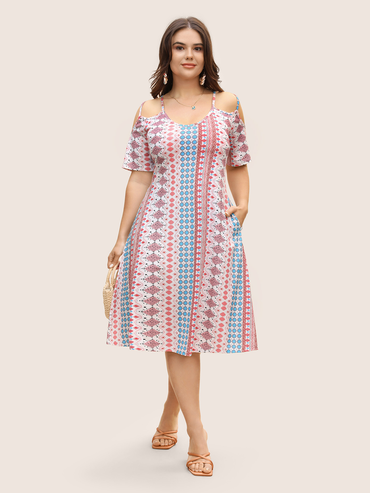

Plus Size Geometric Bandana Print Cold Shoulder Midi Dress Multicolor Women Non U-neck Short sleeve Curvy BloomChic