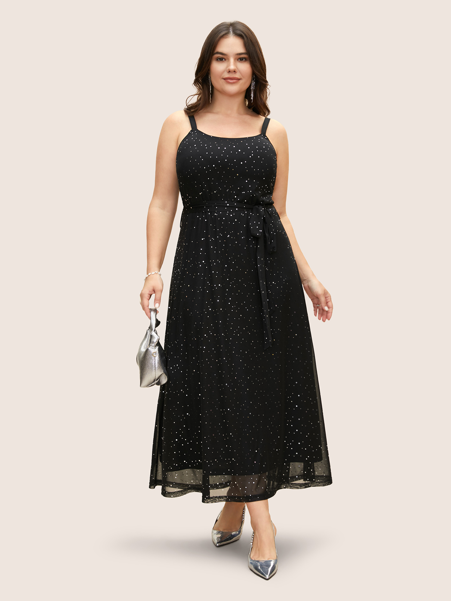 

Plus Size Sequin Mesh Adjustable Straps Belted Maxi Dress Black Women Cocktail Non Sleeveless Curvy BloomChic
