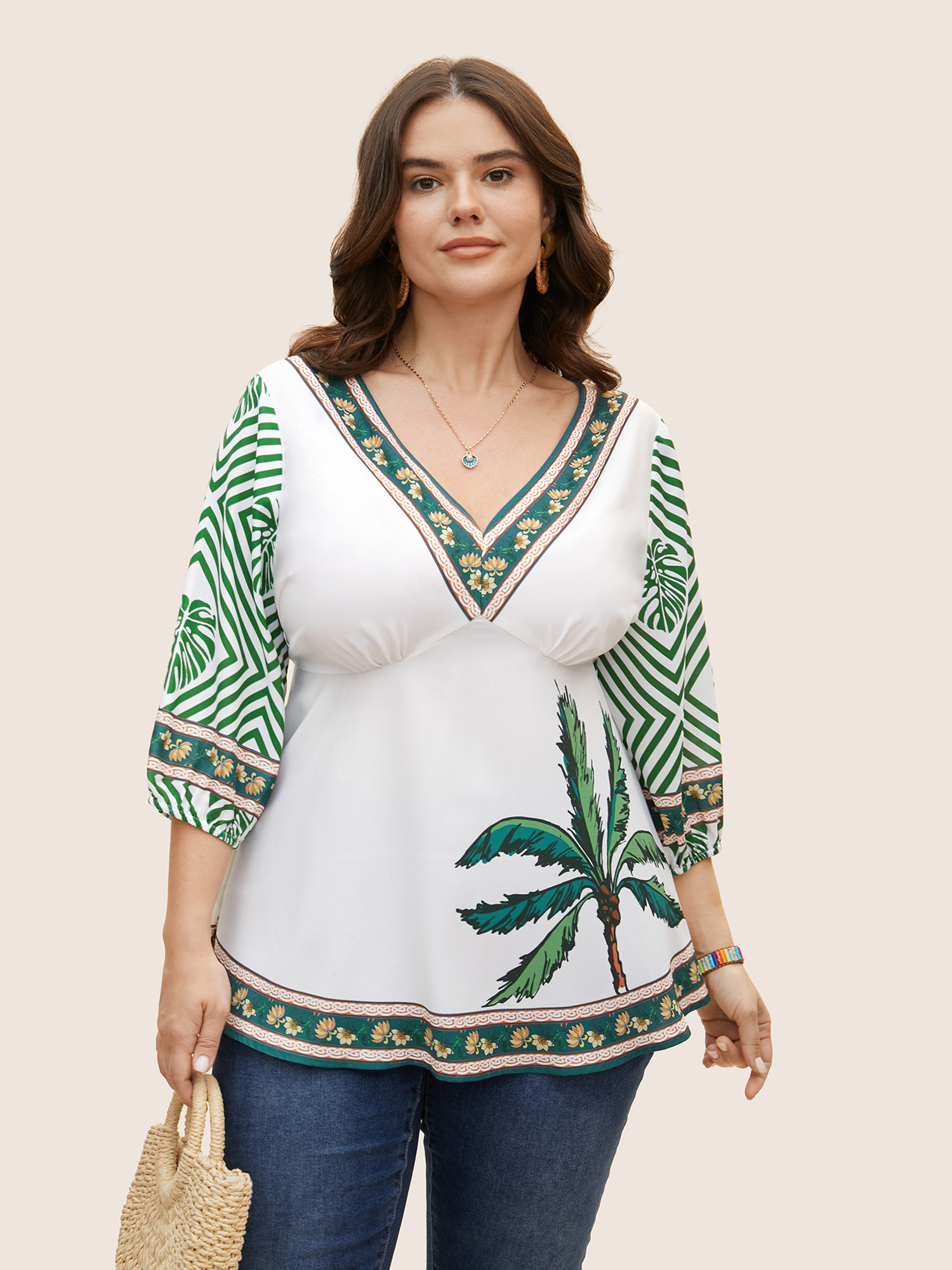 

Plus Size Moss Boho Coconut Tree Print Lantern Sleeve Blouse Women Resort Elbow-length sleeve V-neck Vacation Blouses BloomChic