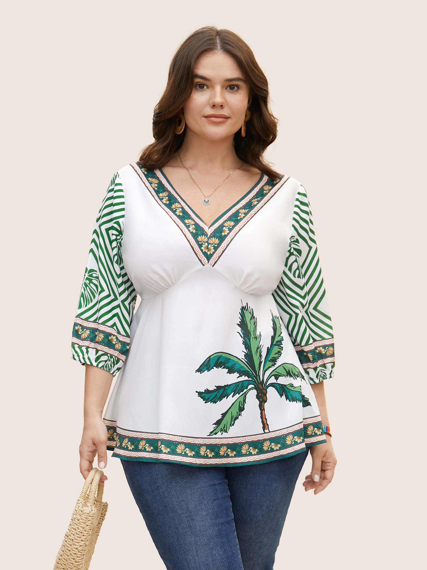 

Plus Size Moss Boho Coconut Tree Print Lantern Sleeve Blouse Women Resort Elbow-length sleeve V-neck Vacation Blouses BloomChic