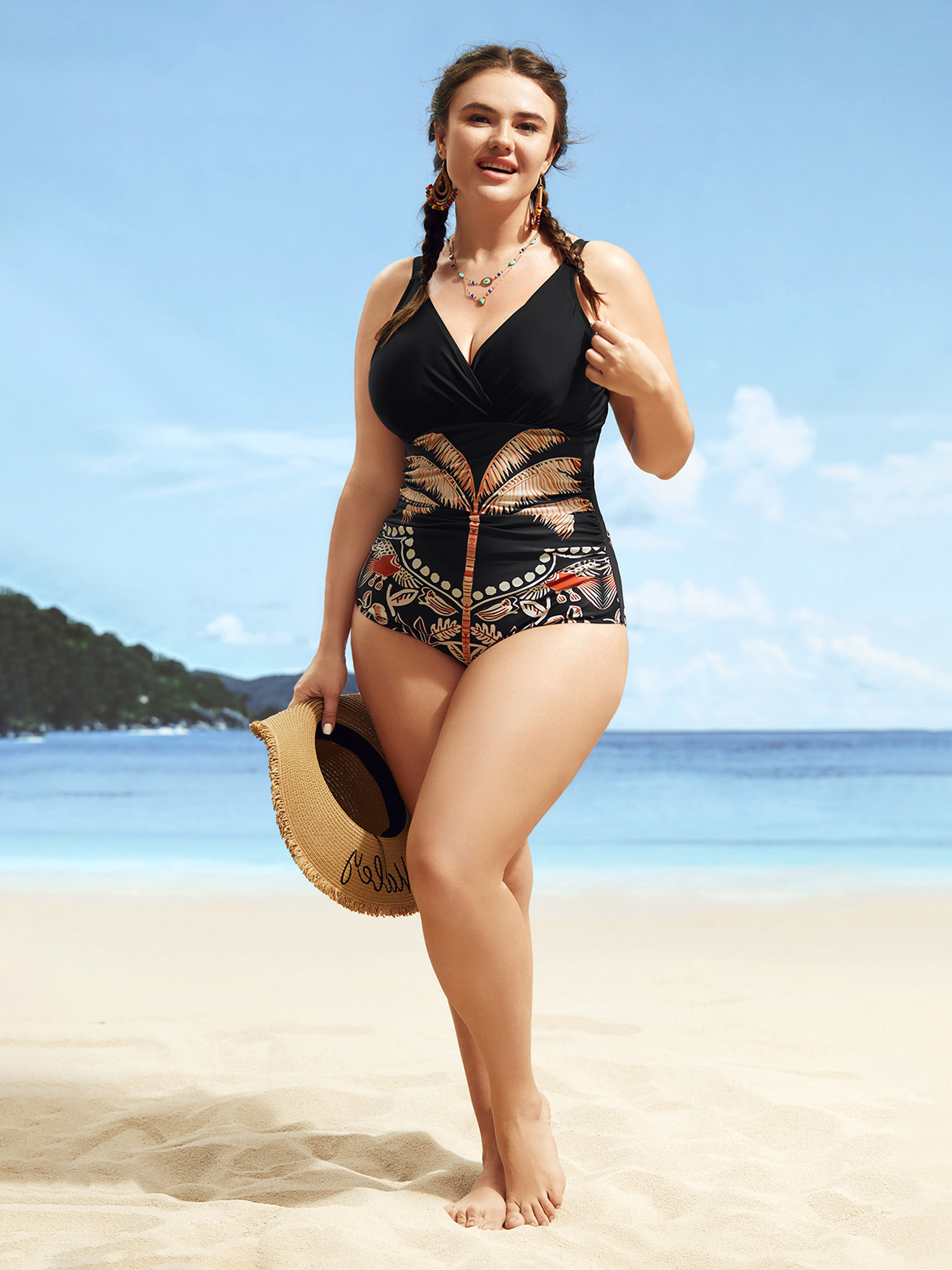 

Plus Size Overlap Collar Tropical Print Gathered One Piece Swimsuit Women's Swimwear Black Beach Gathered Curve Bathing Suits High stretch One Pieces BloomChic