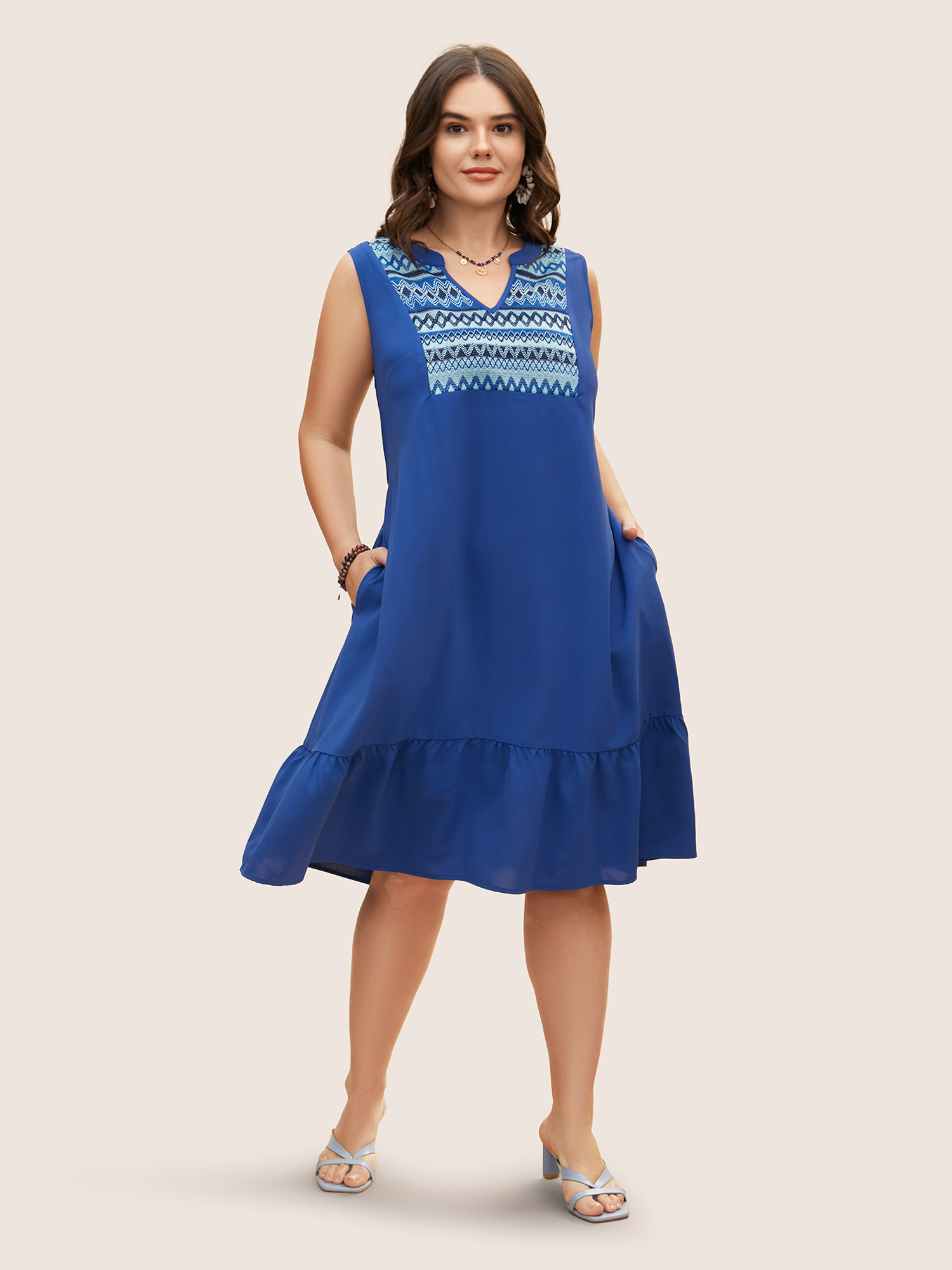 

Plus Size Notched Collar Geometric Patchwork Sleeveless Dress Brightblue Women Resort Non Notched collar Sleeveless Curvy BloomChic