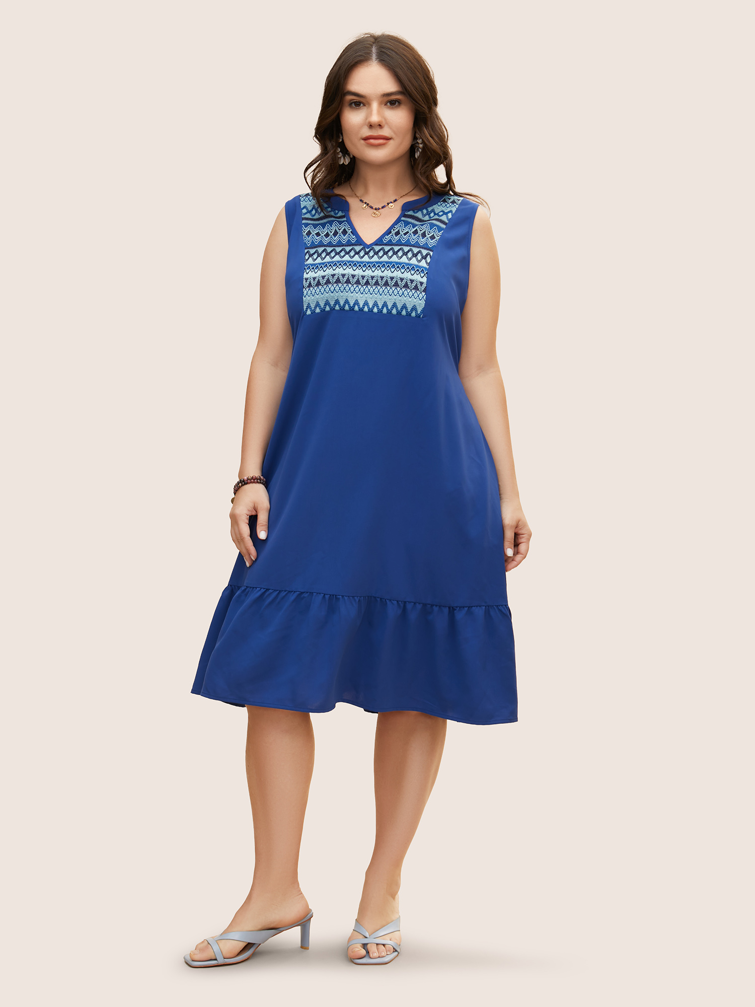 

Plus Size Notched Collar Geometric Patchwork Sleeveless Dress Brightblue Women Resort Non Notched collar Sleeveless Curvy BloomChic