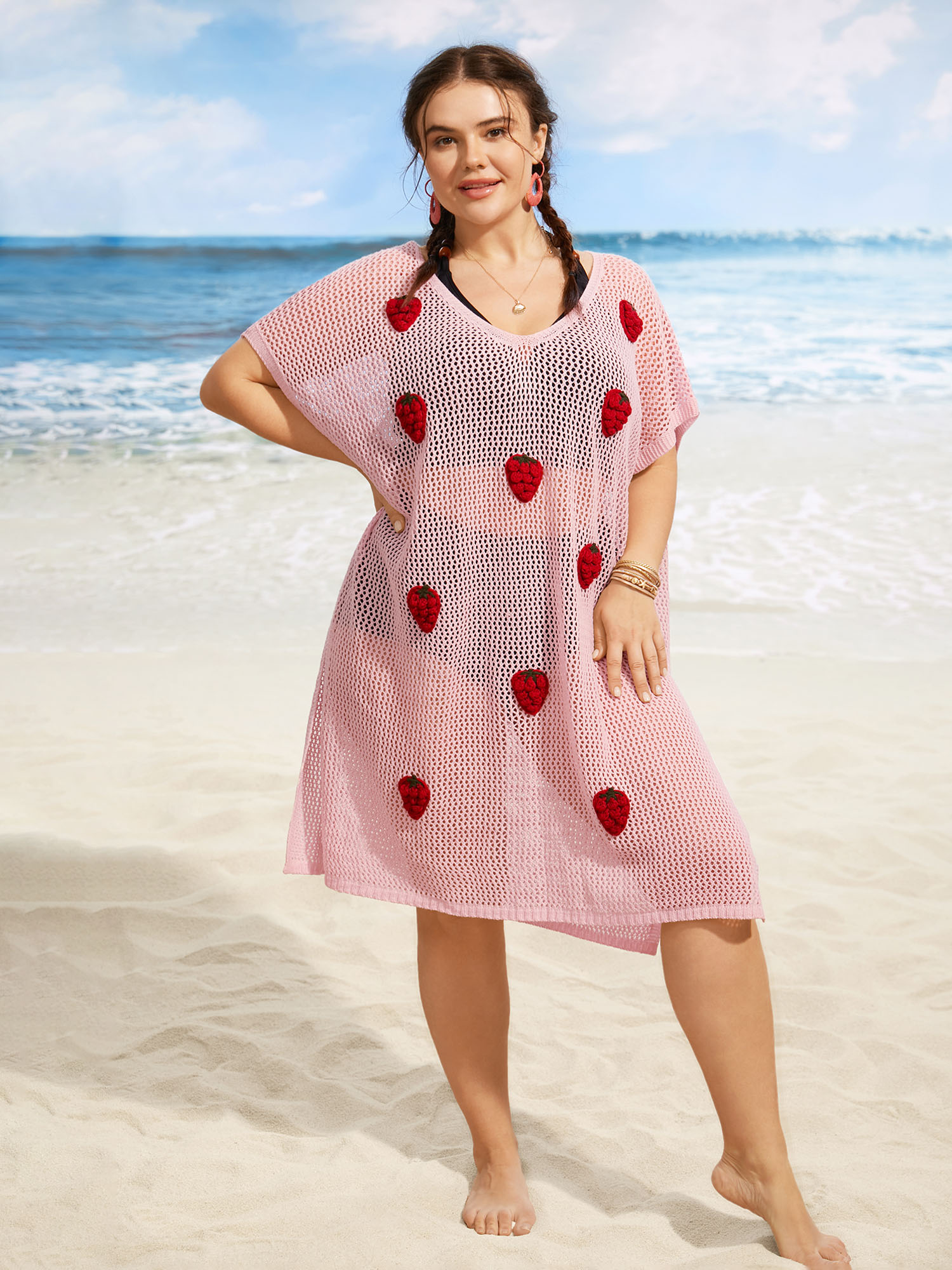 

Plus Size Stereo Strawberry Design Dolman Sleeve Swim Cover Up Women's Swimwear Lightpink Beach Loose Crochet Curve Swim Cover Ups BloomChic