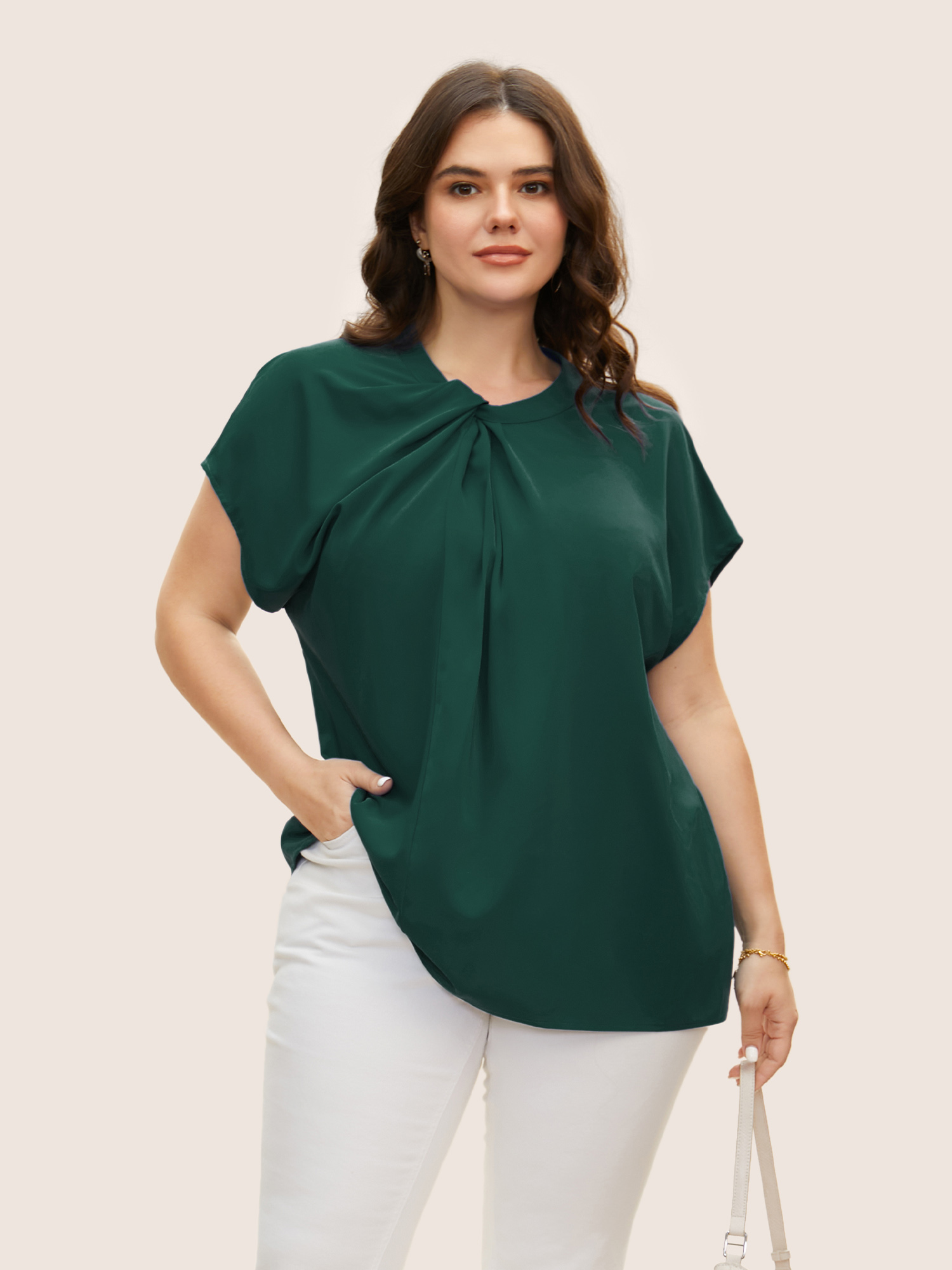 

Plus Size ArmyGreen Twist Front Pleated Dolman Sleeve Blouse Women At the Office Short sleeve Mock Neck Work Blouses BloomChic