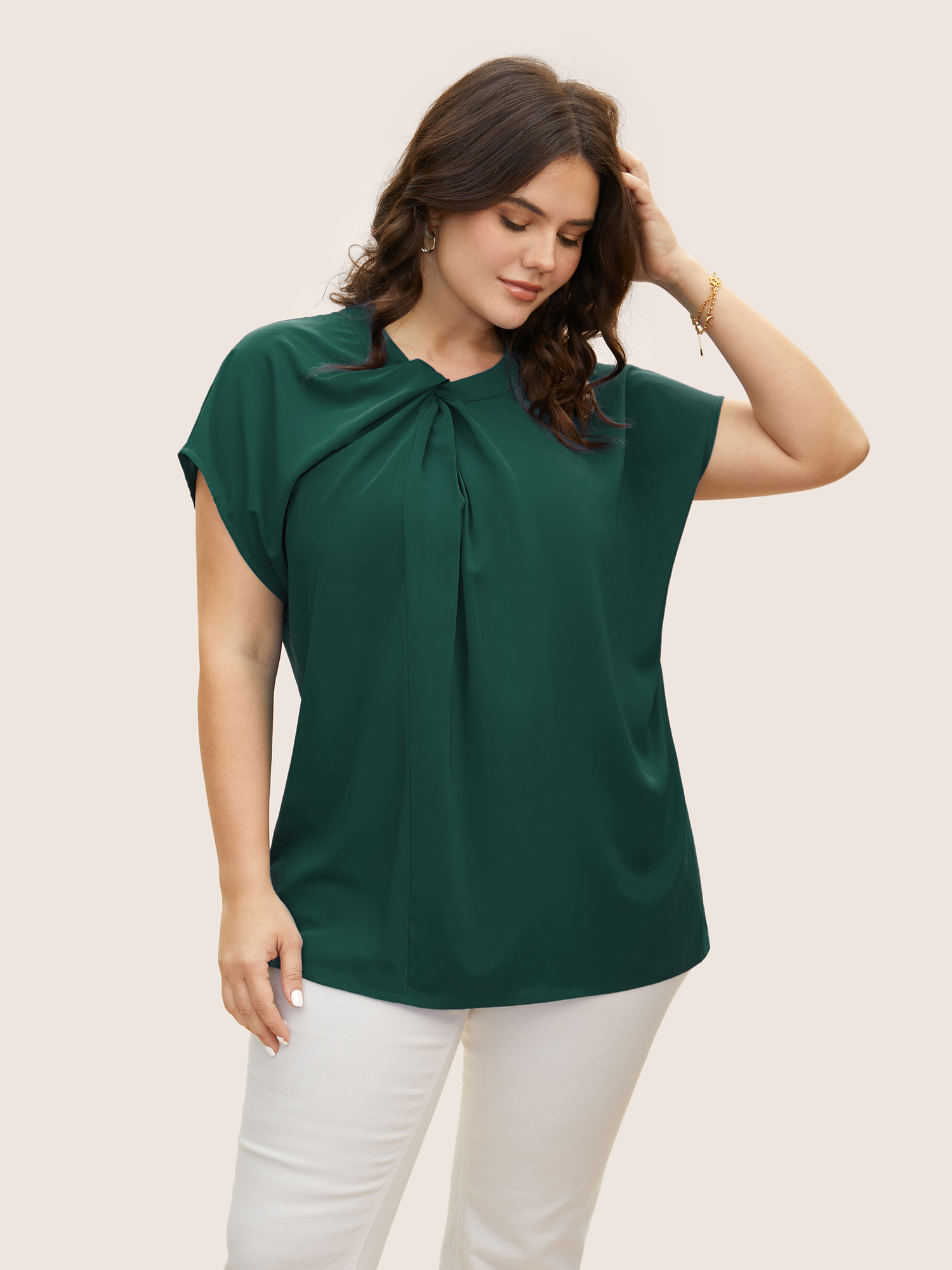 

Plus Size ArmyGreen Twist Front Pleated Dolman Sleeve Blouse Women At the Office Short sleeve Mock Neck Work Blouses BloomChic