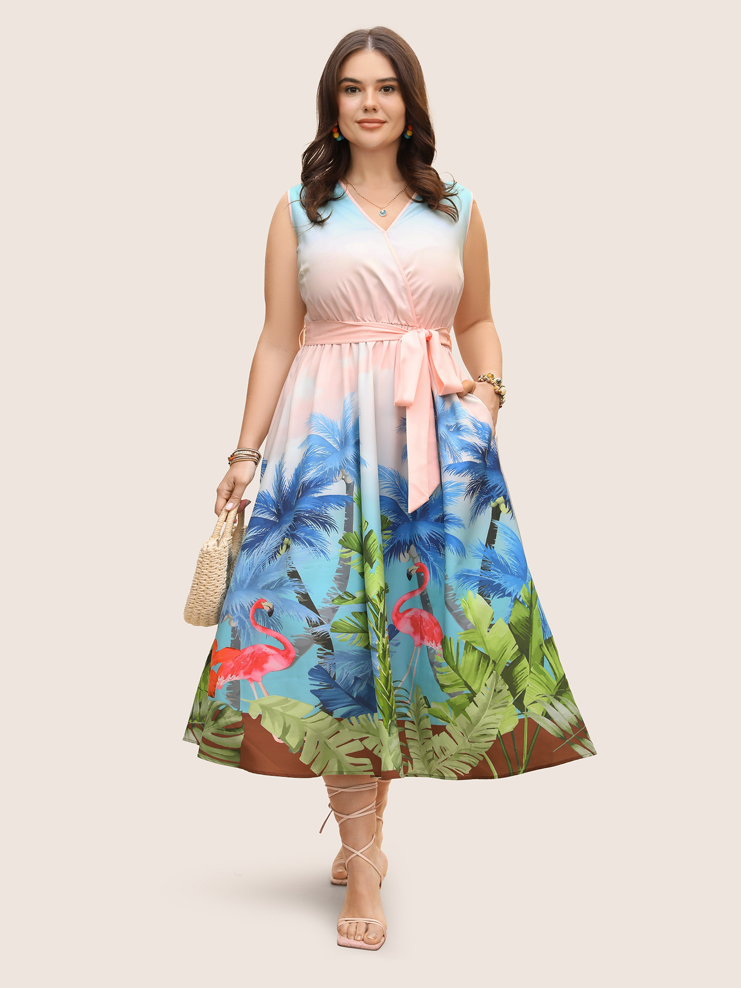 

Plus Size V Neck Warp Tropical Print Belted Dress Mint Women V-neck Sleeveless Curvy BloomChic