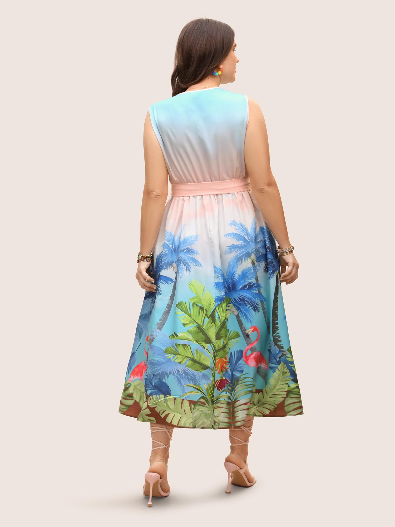 

Plus Size V Neck Warp Tropical Print Belted Dress Mint Women V-neck Sleeveless Curvy BloomChic