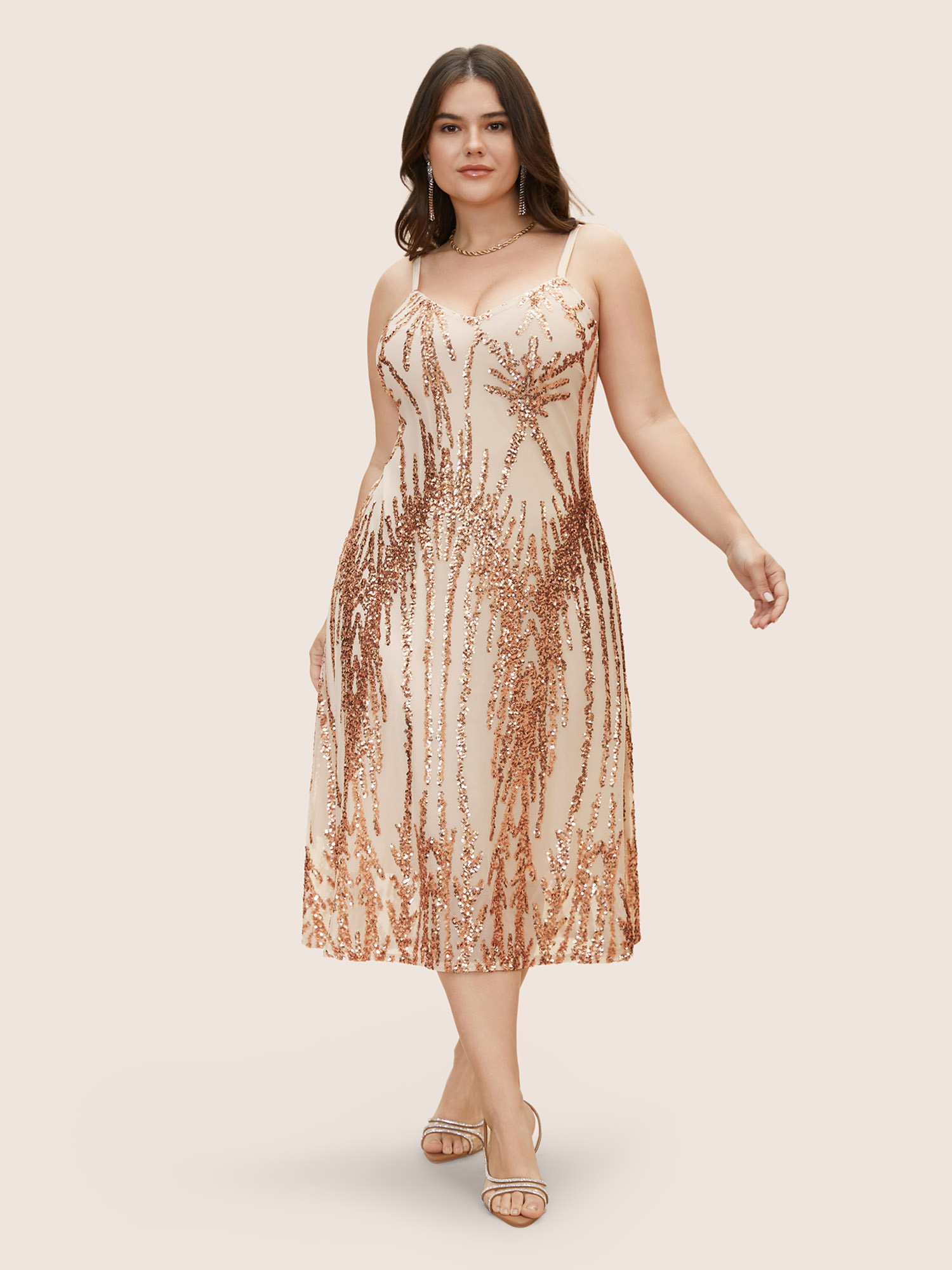 

Plus Size Embellished Sequins Adjustable Straps Midi Dress Gold Women Non Sleeveless Curvy BloomChic