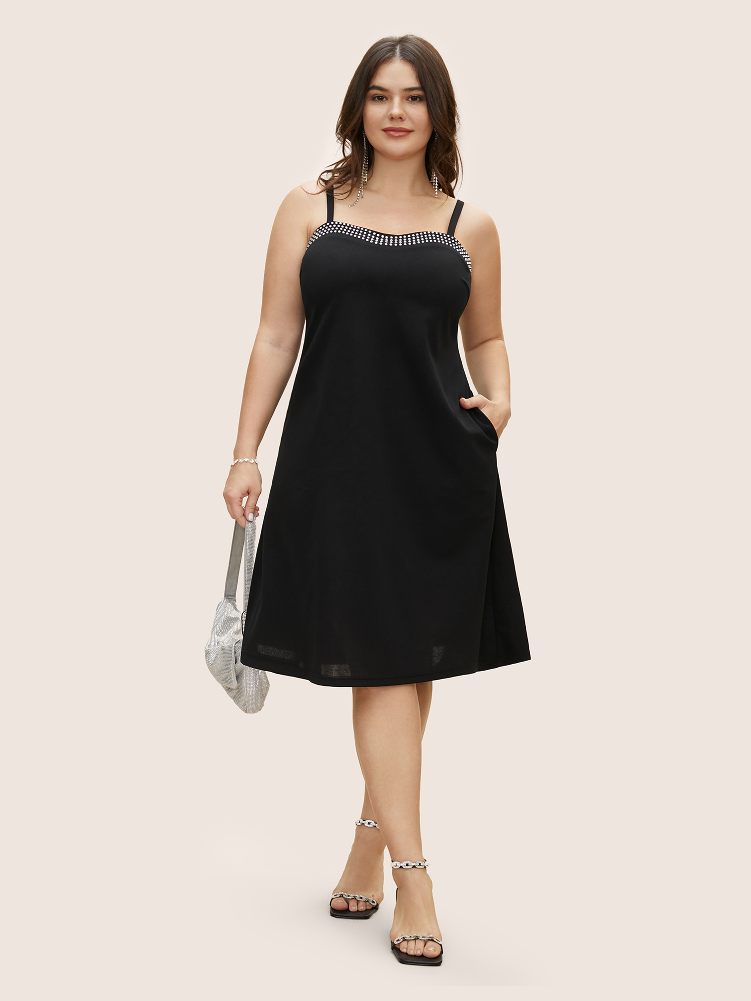 

Plus Size Rhinestone Detail Pocket Adjustable Straps Dress Black Women Non Sleeveless Curvy BloomChic