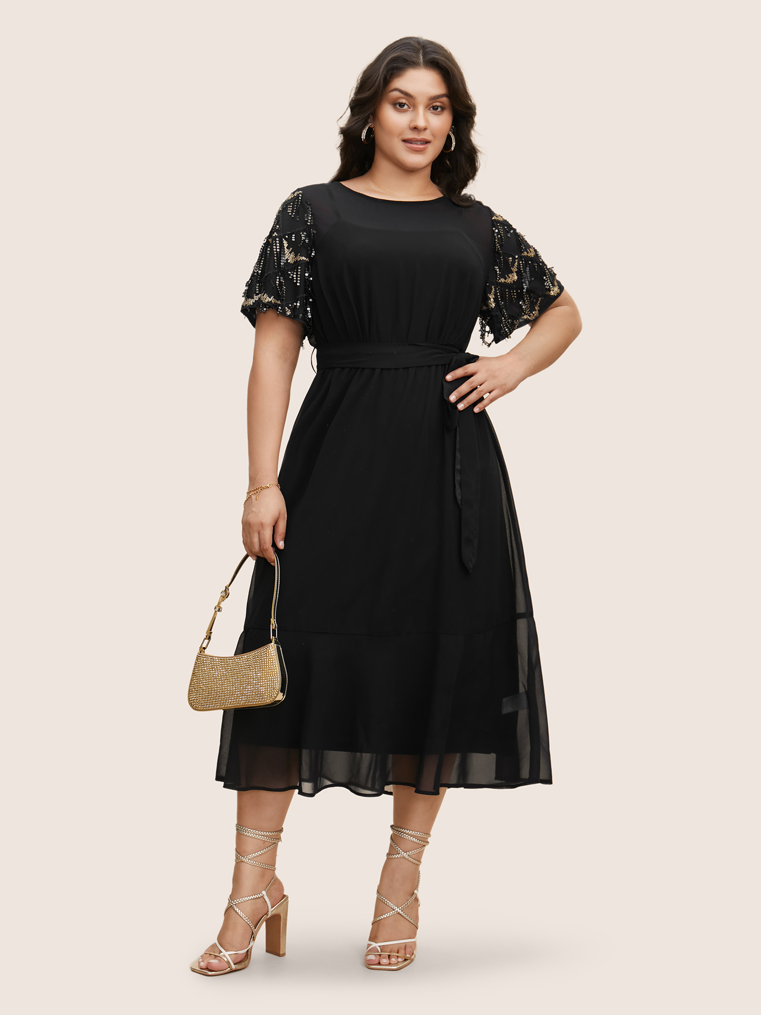 

Plus Size Sequin Mesh Patchwork Tassel Detail Midi Dress Black Women See through Round Neck Short sleeve Curvy BloomChic