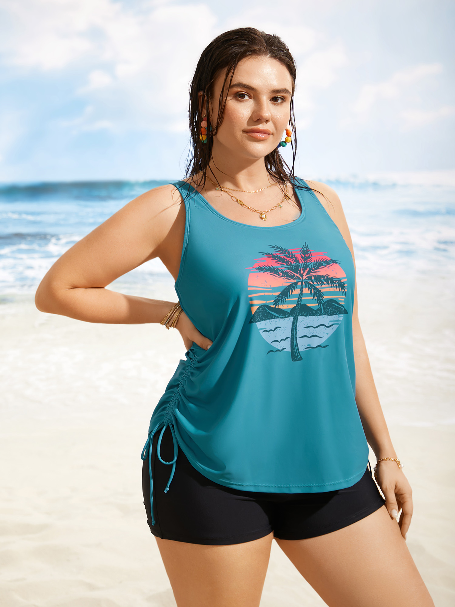 

Plus Size Crew Neck Contrast Tropical Print Drawstring Swim Top Women's Swimwear Teal Beach Contrast High stretch Loose U-neck Curve Swim Tops BloomChic