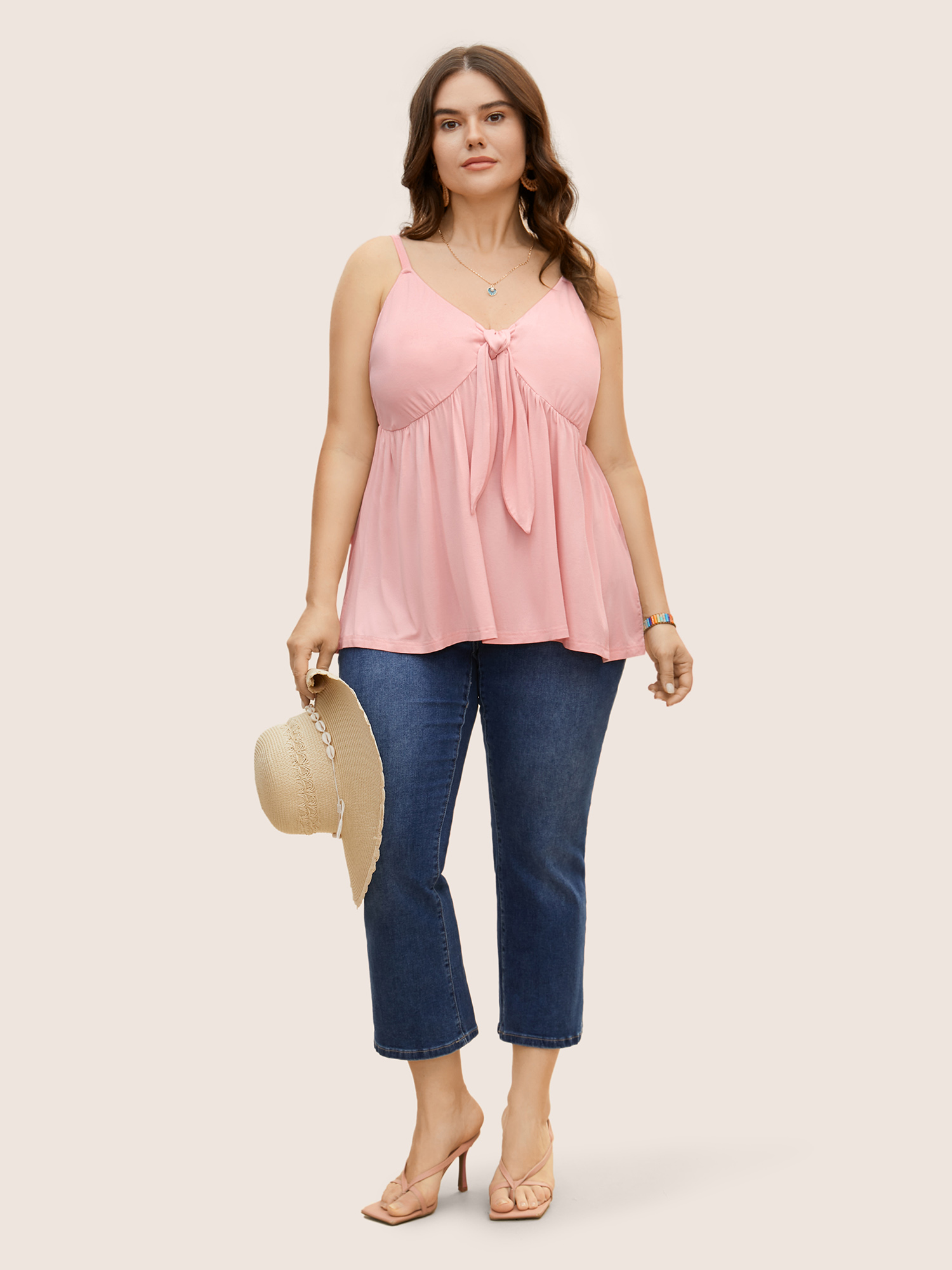 

Plus Size V Neck Solid Tie Knot Shirred Cami Top Women Nudepink Resort Tie knot V-neck Vacation Tank Tops Camis BloomChic