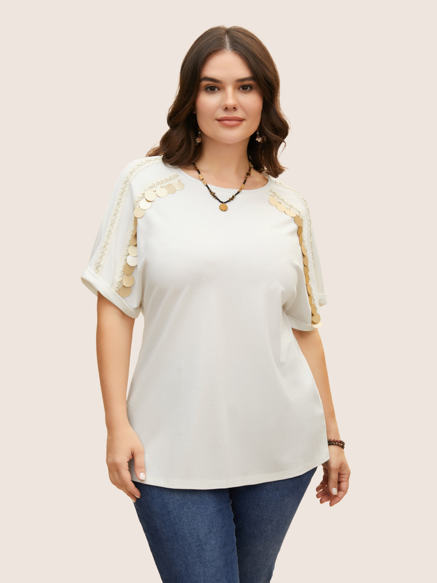 

Plus Size Glitter Decorated Round Neck Batwing Sleeve T-Shirt WhiteSmoke Women Resort Patchwork Round Neck Vacation T-shirts BloomChic