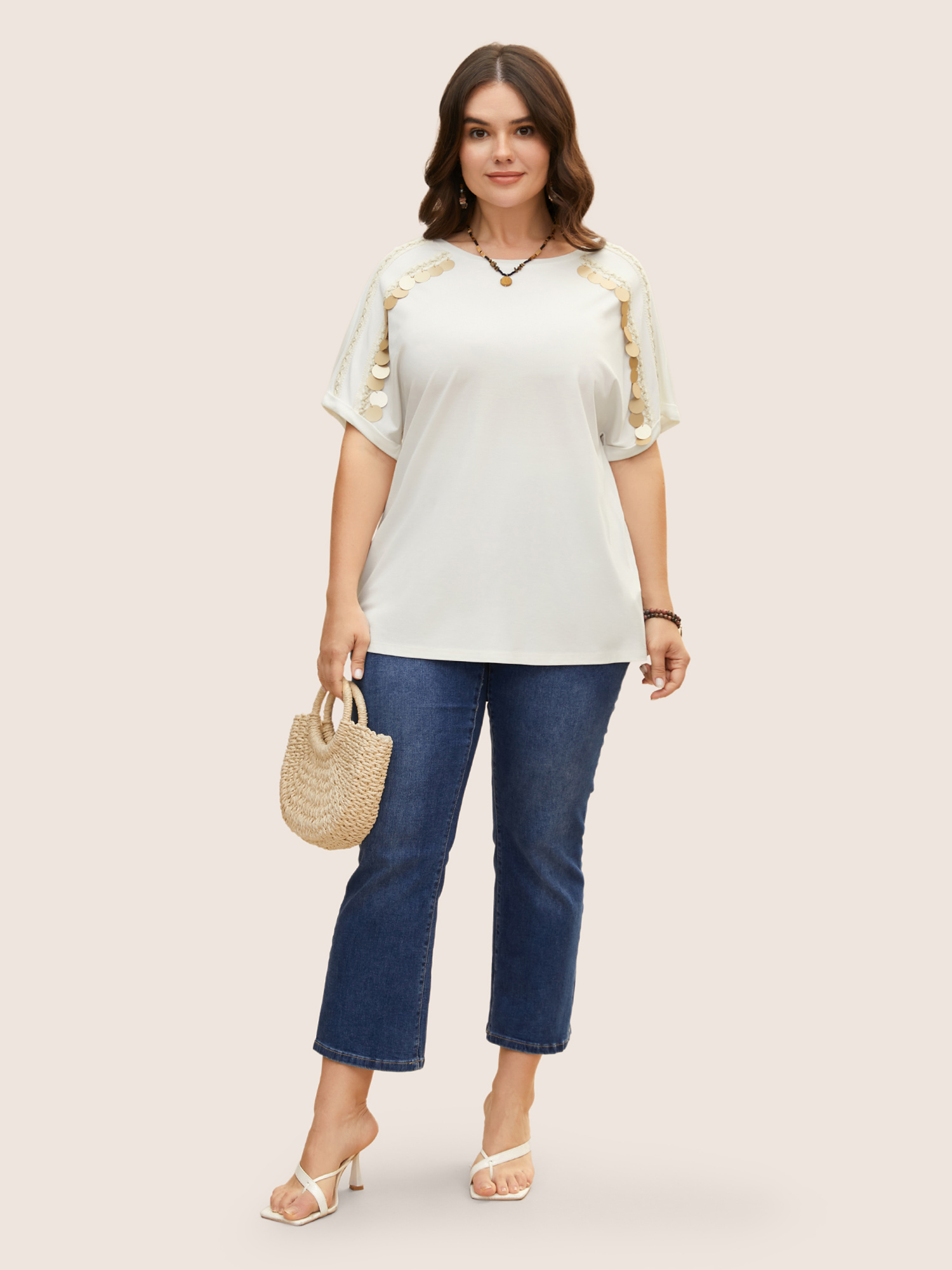 Plus Size Glitter Decorated Round Neck Batwing Sleeve T-Shirt WhiteSmoke Women Resort Patchwork Round Neck Vacation T-shirts BloomChic 30/6X 
