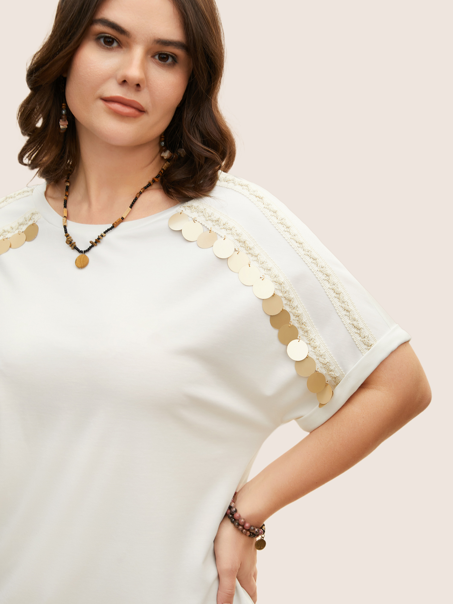 Plus Size Glitter Decorated Round Neck Batwing Sleeve T-Shirt WhiteSmoke Women Resort Patchwork Round Neck Vacation T-shirts BloomChic 30/6X 