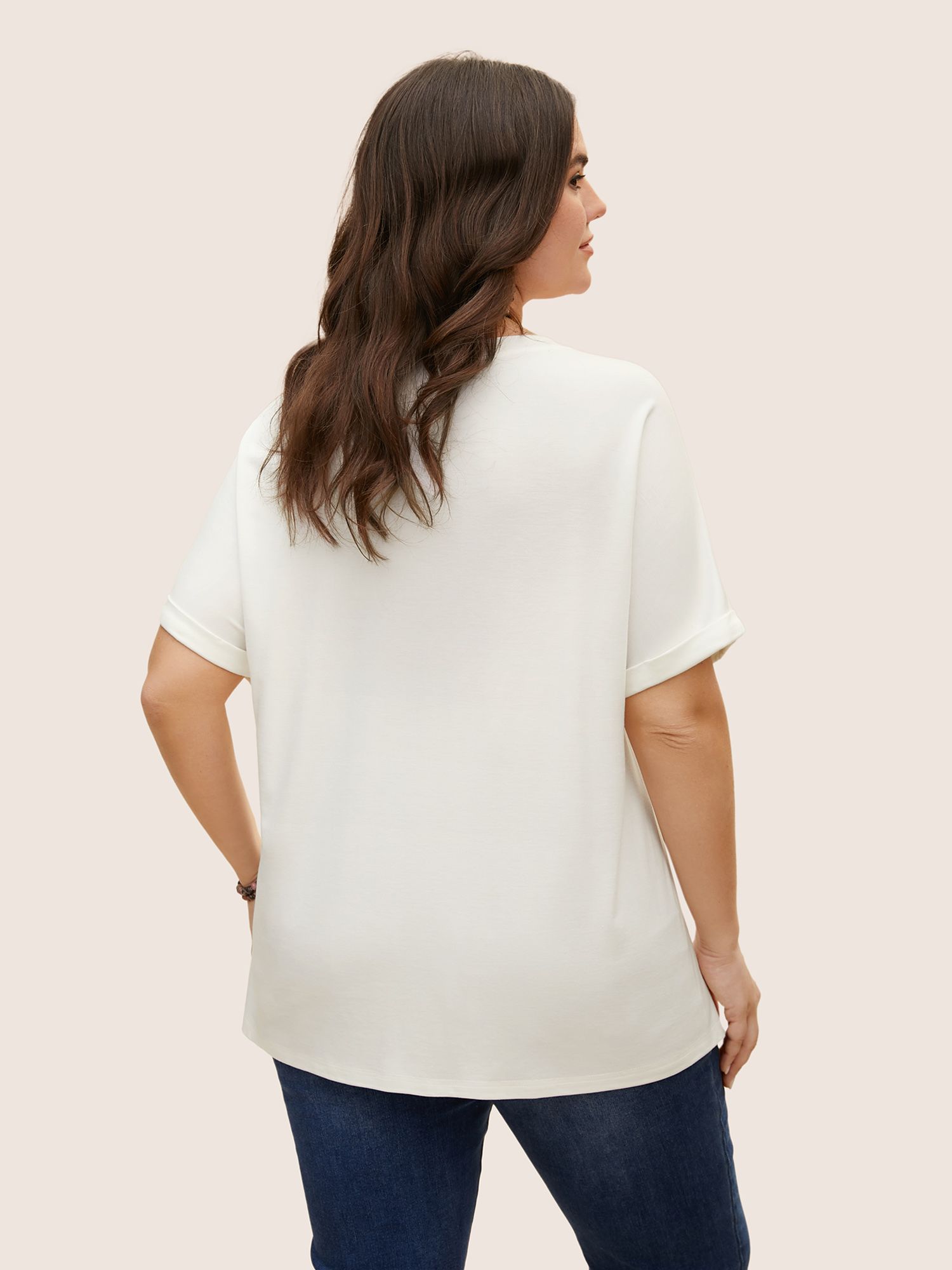 Plus Size Glitter Decorated Round Neck Batwing Sleeve T-Shirt WhiteSmoke Women Resort Patchwork Round Neck Vacation T-shirts BloomChic 30/6X 