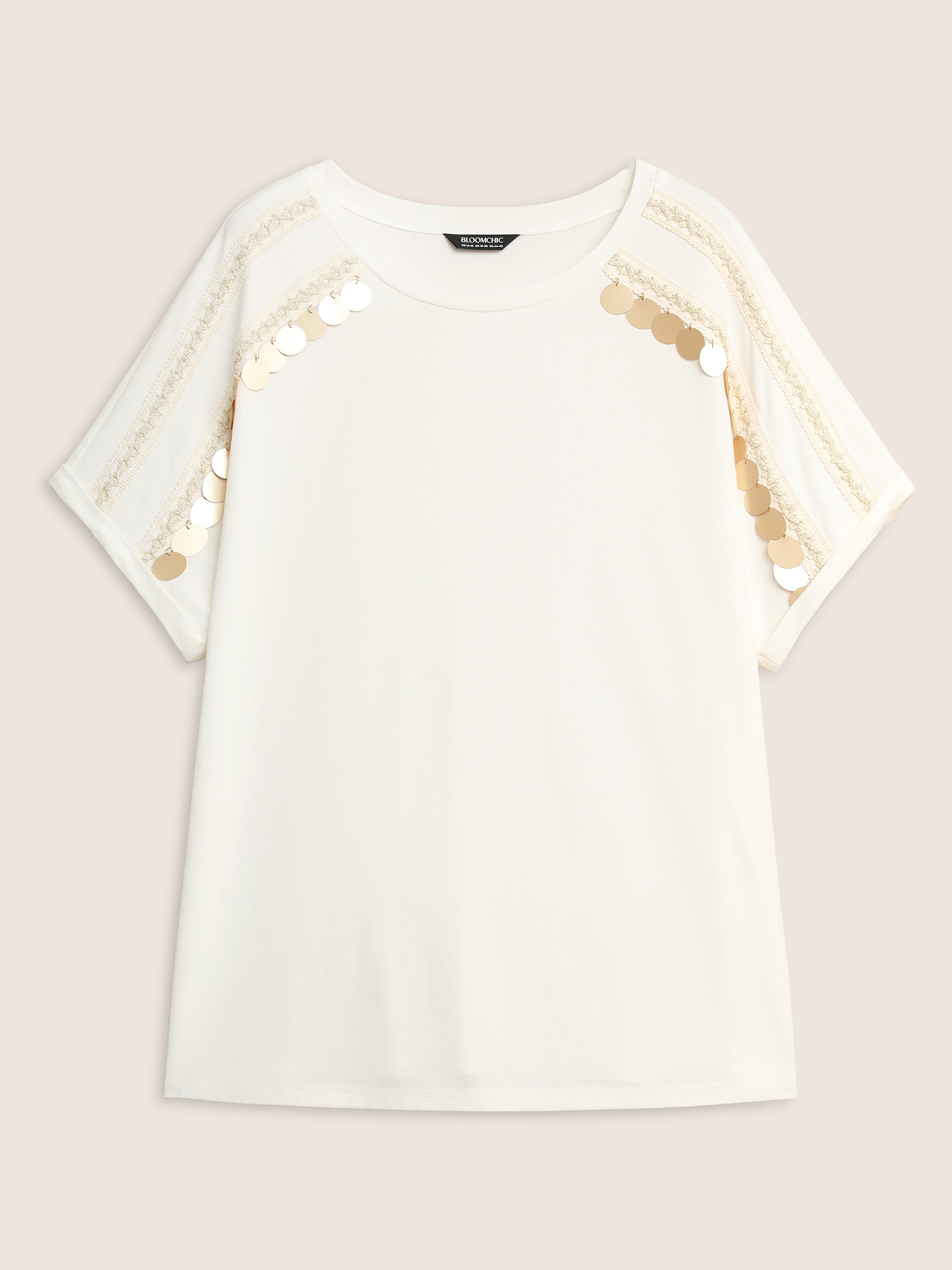 Plus Size Glitter Decorated Round Neck Batwing Sleeve T-Shirt WhiteSmoke Women Resort Patchwork Round Neck Vacation T-shirts BloomChic 30/6X 