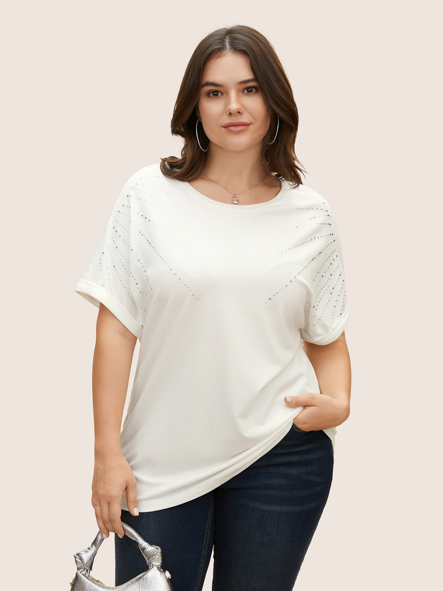 

Plus Size Crew Neck Rhinestone Batwing Sleeve T-shirt WhiteSmoke Women Cocktail Rhinestone detailing Round Neck Party T-shirts BloomChic