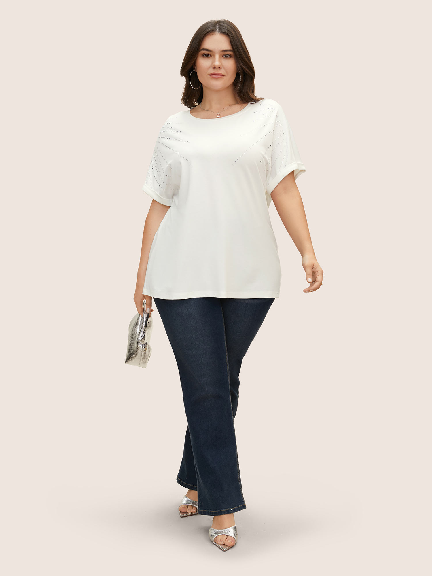 

Plus Size Crew Neck Rhinestone Batwing Sleeve T-shirt WhiteSmoke Women Cocktail Rhinestone detailing Round Neck Party T-shirts BloomChic