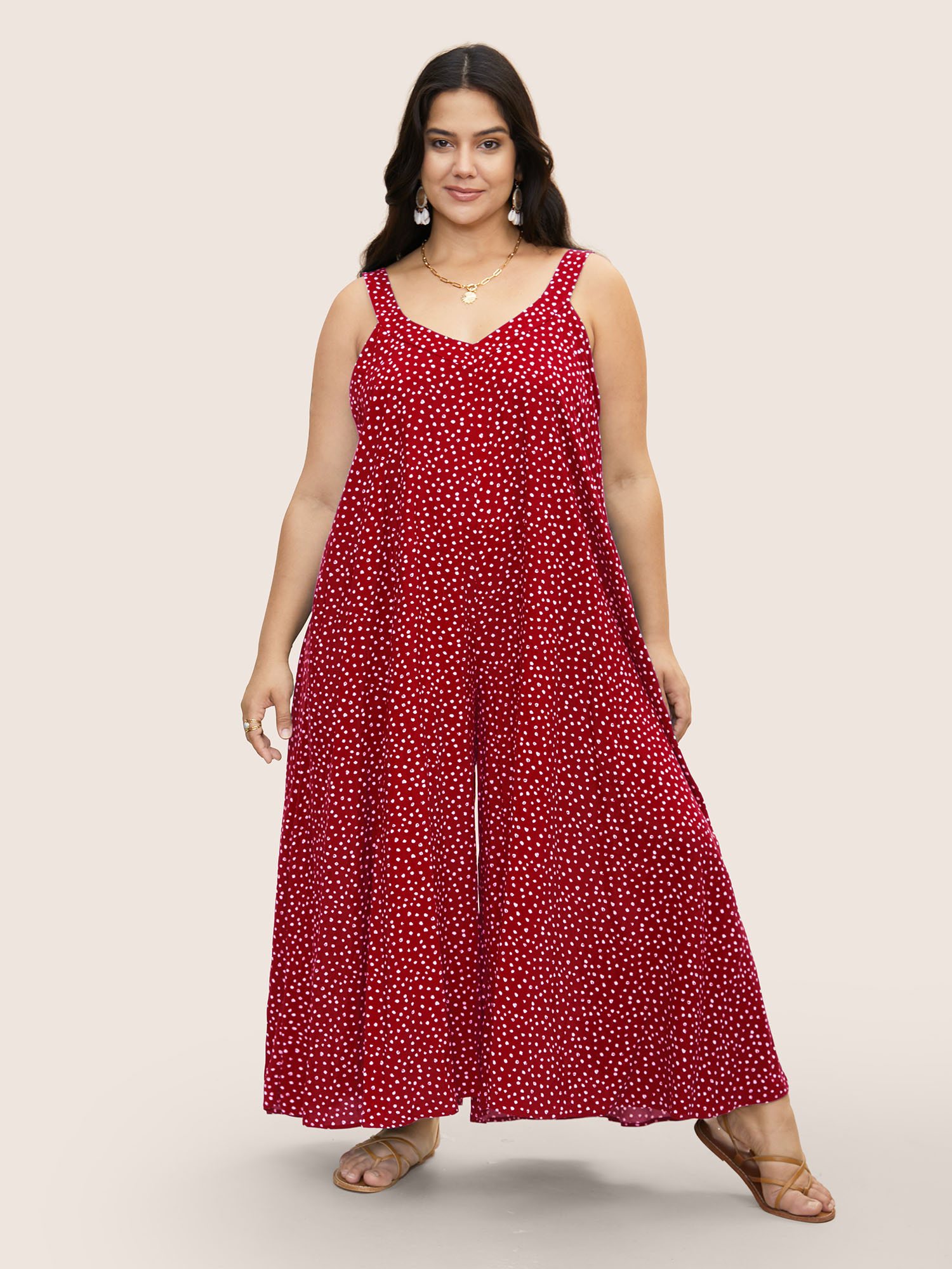 

Plus Size Rust Polka Dot U Neck Wide Leg Jumpsuit Women Resort Sleeveless U-neck Vacation Loose Jumpsuits BloomChic