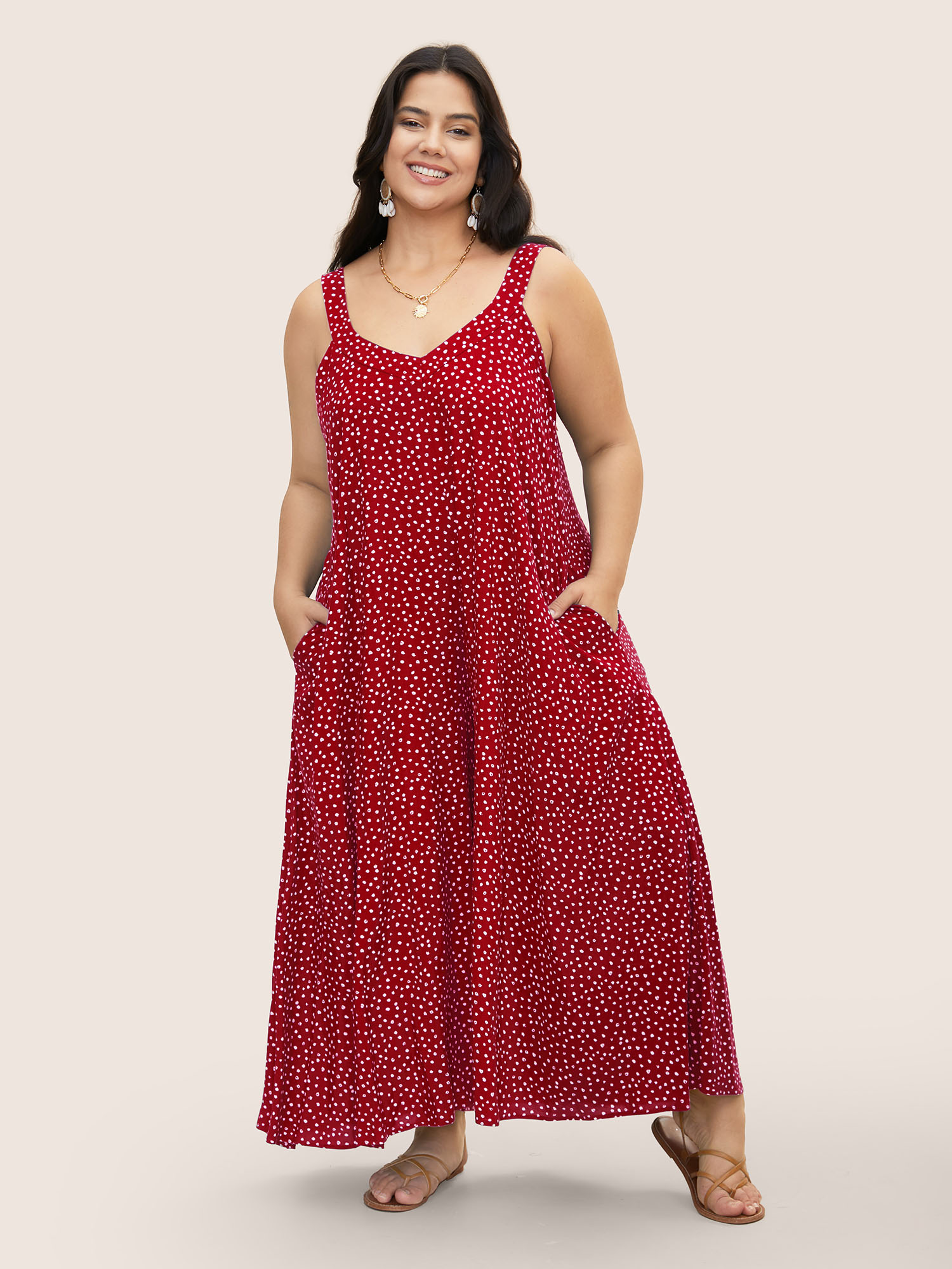 

Plus Size Rust Polka Dot U Neck Wide Leg Jumpsuit Women Resort Sleeveless U-neck Vacation Loose Jumpsuits BloomChic