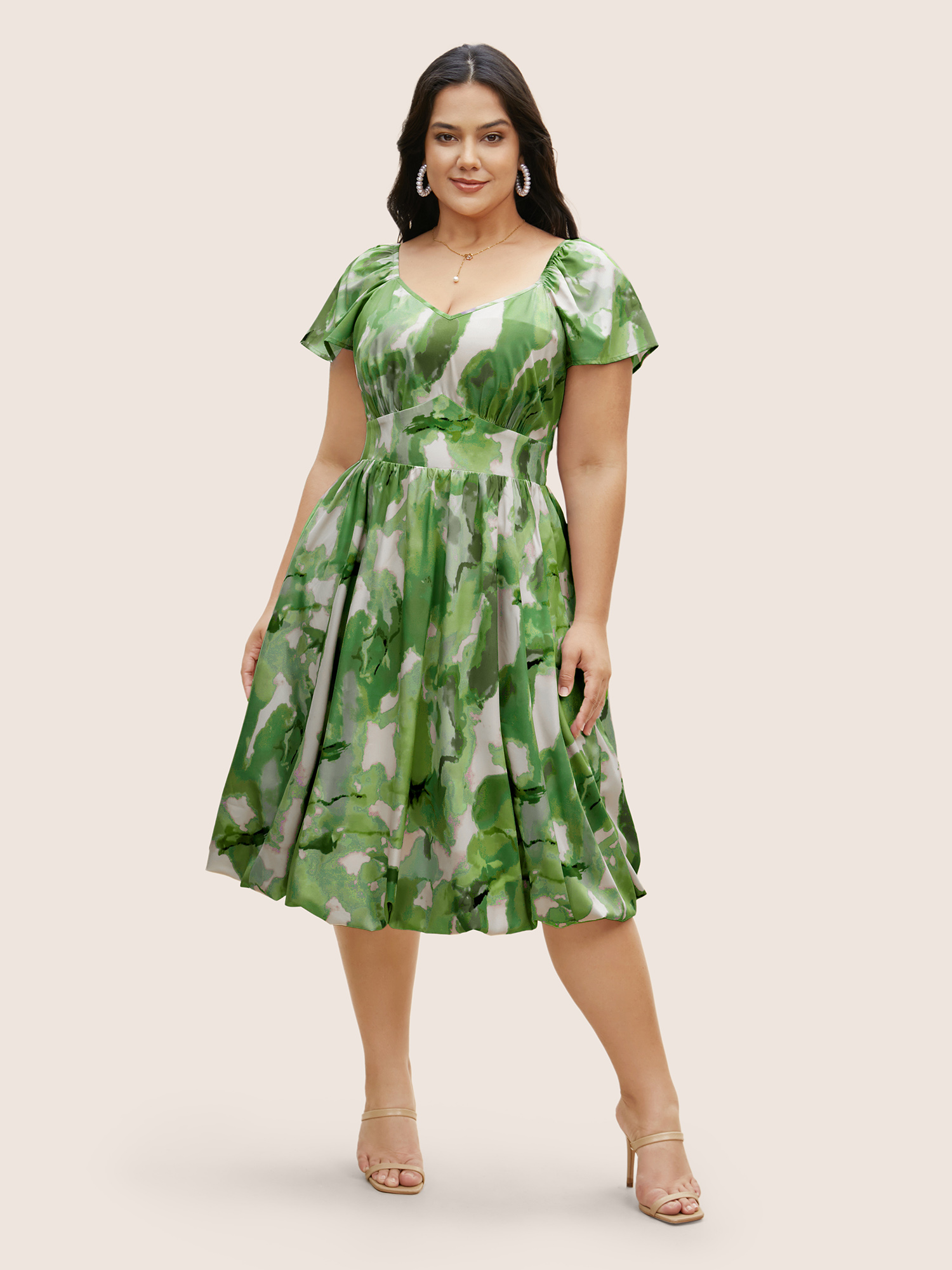 

Plus Size Watercolor Floral Ruffles Shirred Gathered Dress Truegreen Women Gathered Heart neckline Cap Sleeve Curvy BloomChic