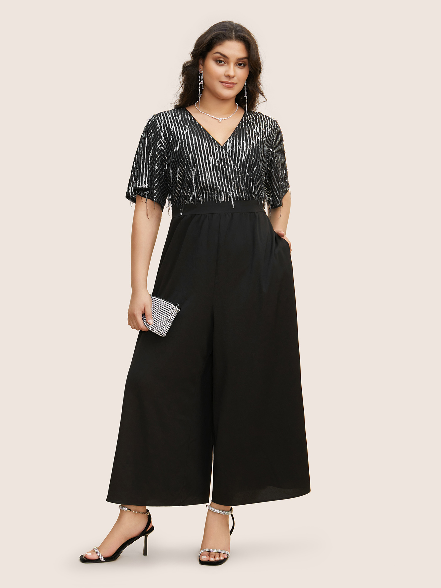 

Plus Size Black V Neck Sequins Tassel Detail Wrap Jumpsuit Women Cocktail Short sleeve V-neck Party Loose Jumpsuits BloomChic