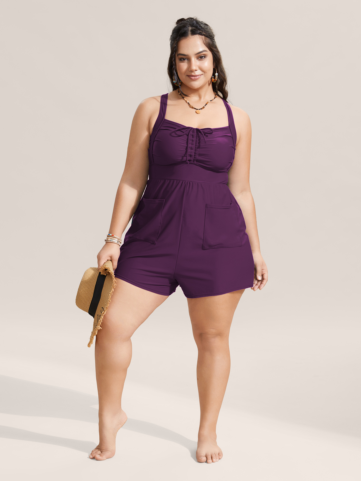 

Plus Size Plain Patched Pocket Drawstring One Piece Swimsuit Women's Swimwear Deeppurple Beach Gathered Curve Bathing Suits High stretch One Pieces BloomChic