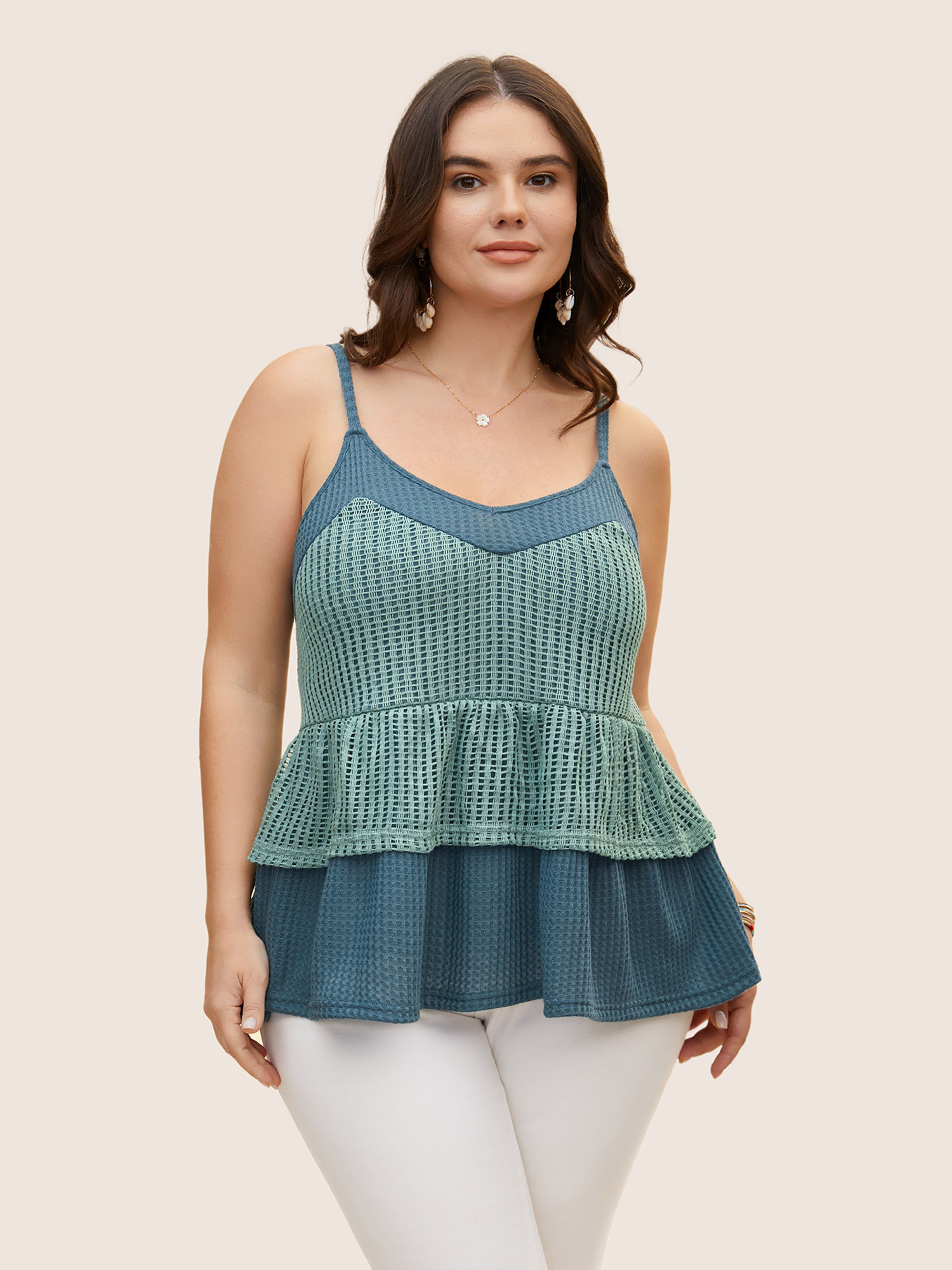 

Plus Size Patchwork Contrast Waffle Knit Cami Top Women Cyan Resort Texture V-neck Vacation Tank Tops Camis BloomChic