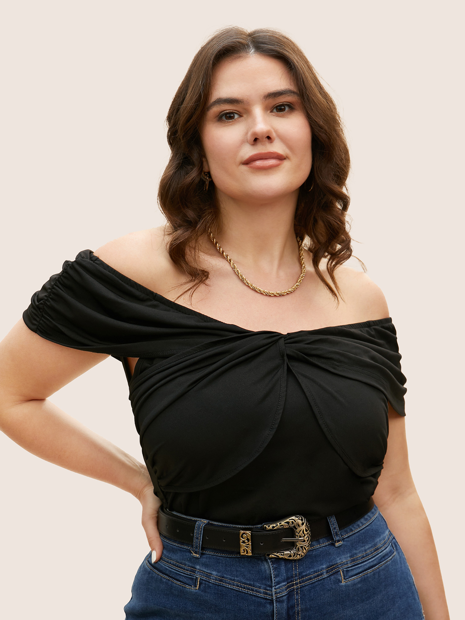 

Solid Twist Front Off Shoulder Slim T-shirt, Black