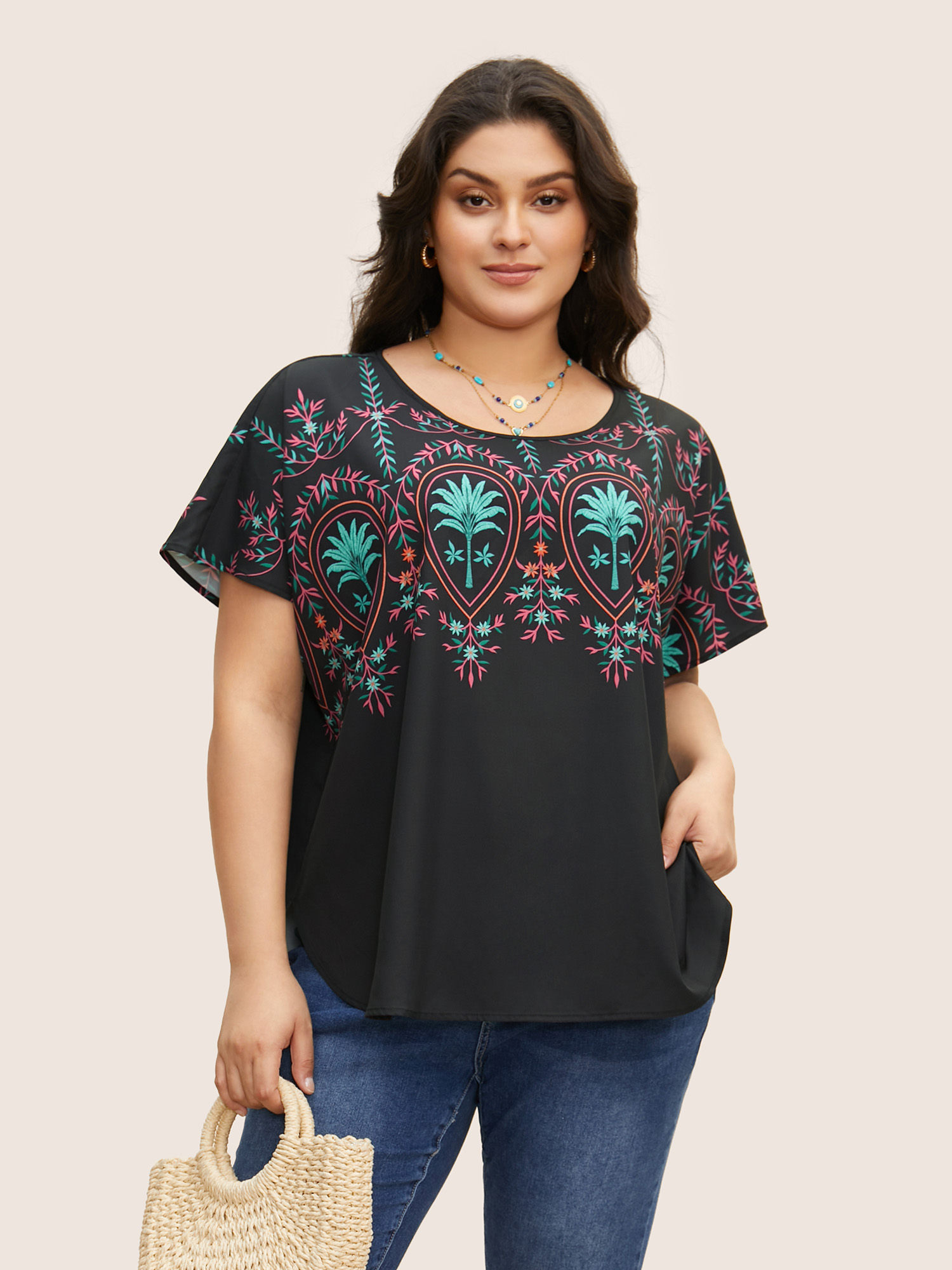 

Plus Size Black Round Neck Boho Print Dolman Sleeve Blouse Women Resort Short sleeve Round Neck Vacation Blouses BloomChic