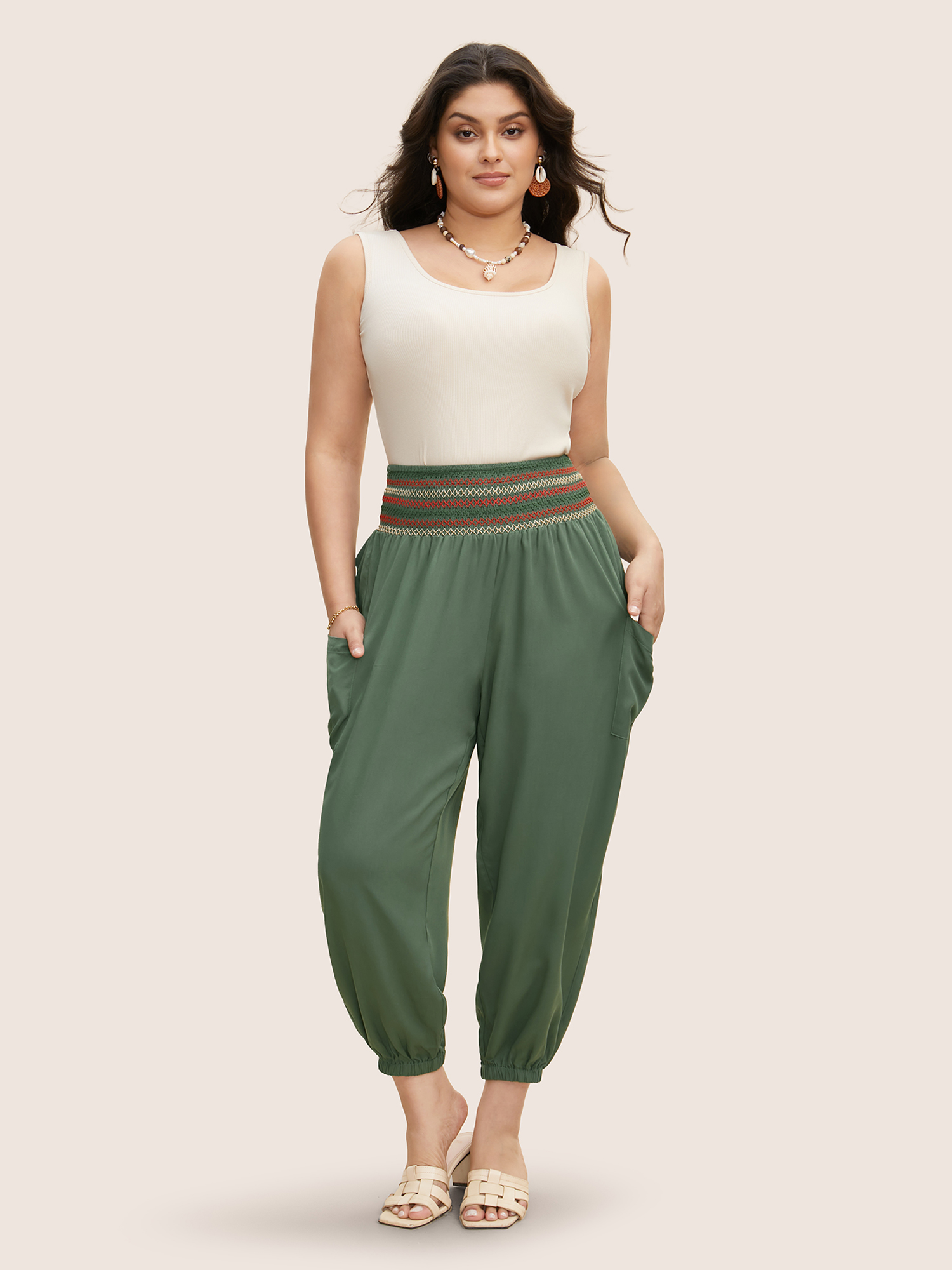 

Plus Size Mid Rise Shirred Tapered Leg Pants Women ArmyGreen Resort Mid Rise Vacation Pants BloomChic