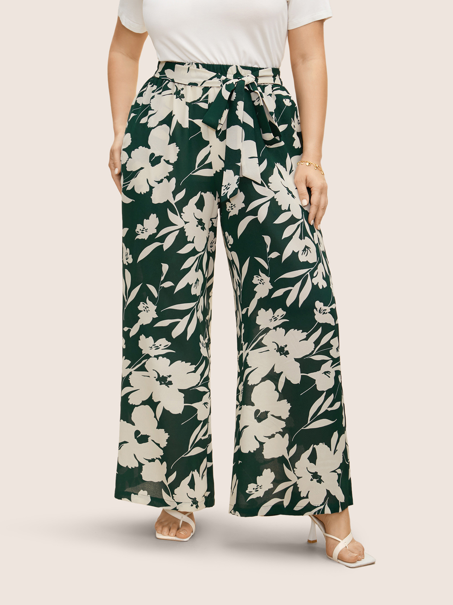 

Plus Size Silhouette Floral Print Ties Side Seam Pocket Pants Women Cyan Elegant Wide Leg High Rise Everyday Pants BloomChic
