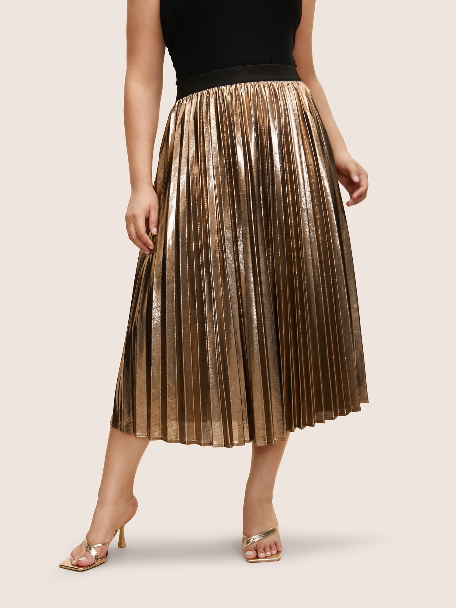 

Plus Size Glitter Metallic Luster Knitted Pleated Skirt Women Champagne Cocktail Pleated No stretch Party Skirts BloomChic