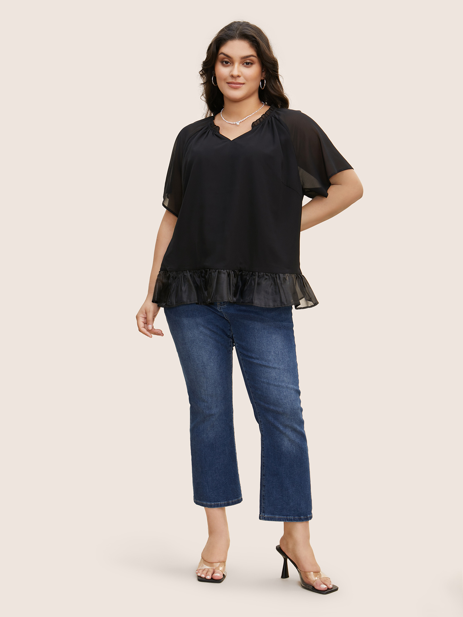 Plus Size Black V Neck Meah Patchwork Ruffle Trim Blouse Women Elegant Short sleeve V-neck Everyday Blouses BloomChic 30/6X 