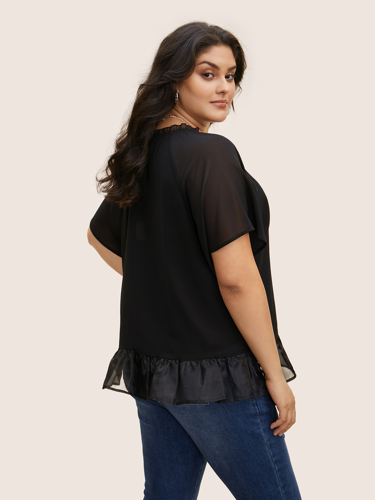 Plus Size Black V Neck Meah Patchwork Ruffle Trim Blouse Women Elegant Short sleeve V-neck Everyday Blouses BloomChic 30/6X 
