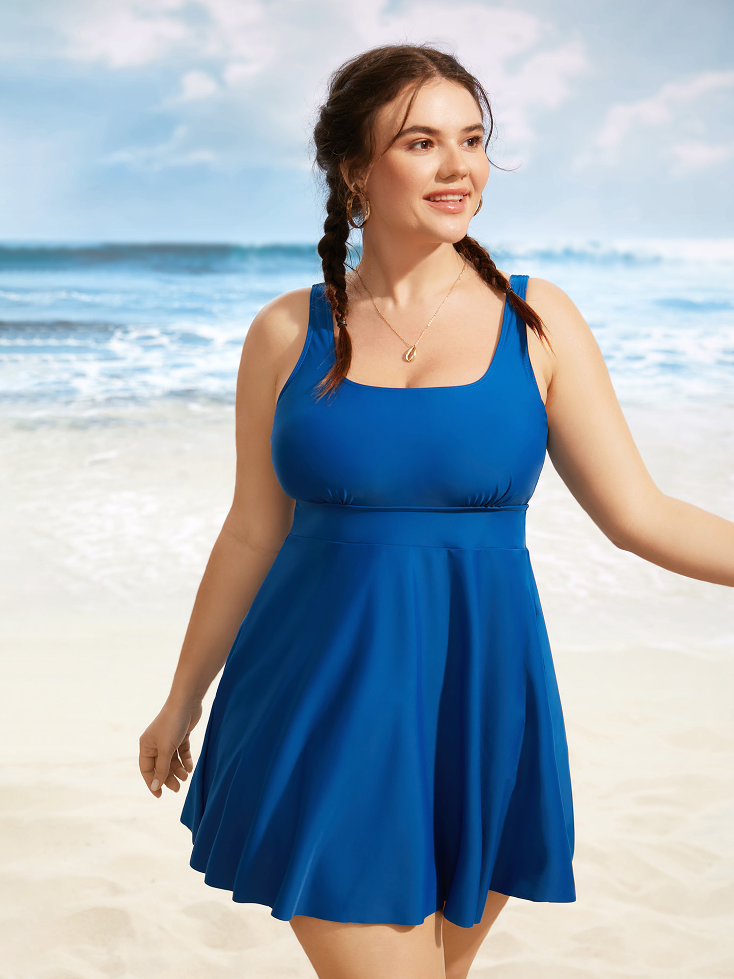 

Plus Size U Neck Solid Tiered Slit Hem Swim Dress Women's Swimwear Mediumblue Beach Bodycon U-neck High stretch Curve Swim Dresses BloomChic