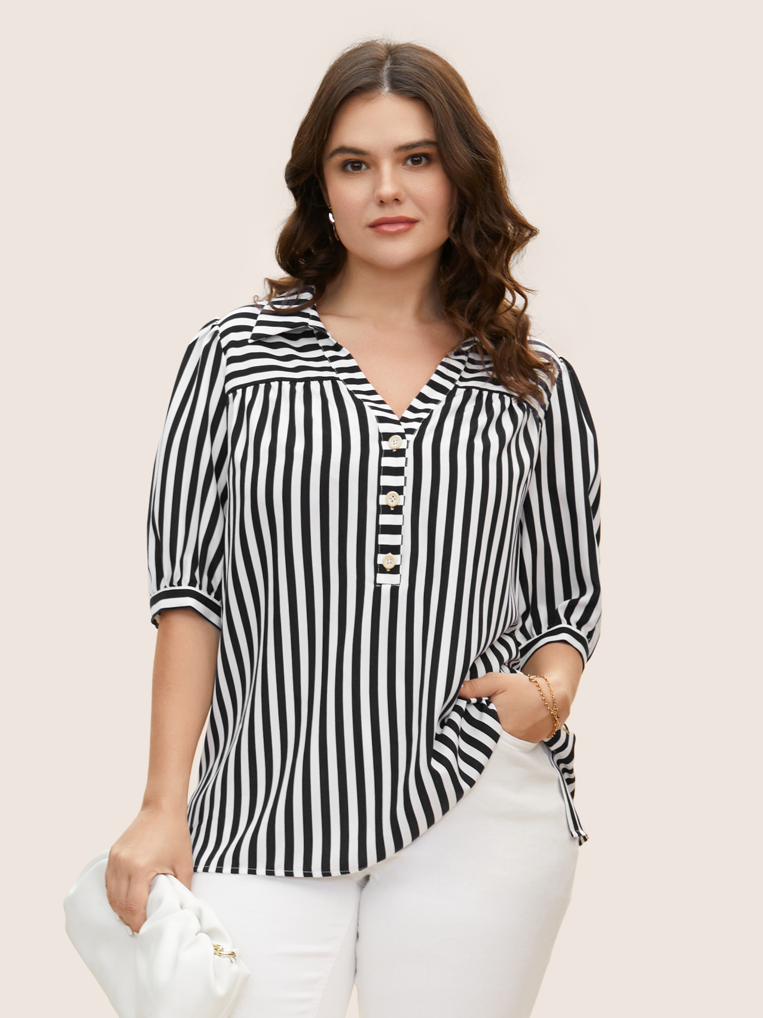 

Plus Size Black Striped Notched Collar Lantern Sleeve Blouse Women Workwear Essentials Short sleeve Notched collar Work Blouses BloomChic