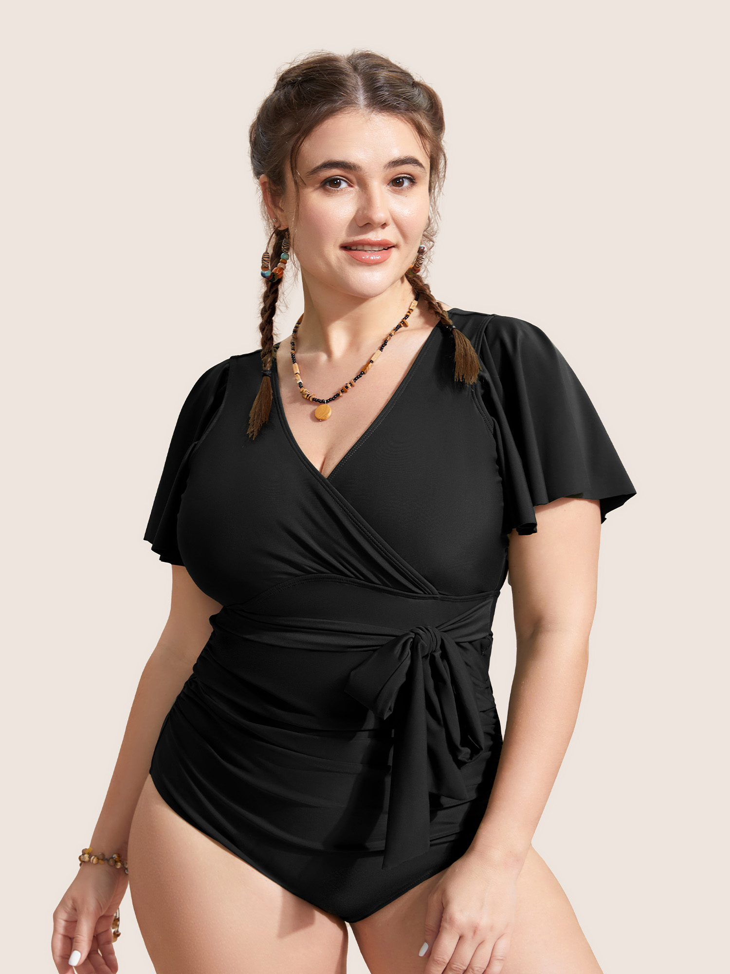 

Plus Size Solid Overlap Collar Ruffle Sleeve One Piece Swimsuit Women's Swimwear Black Beach Ruffles Curve Bathing Suits High stretch One Pieces BloomChic
