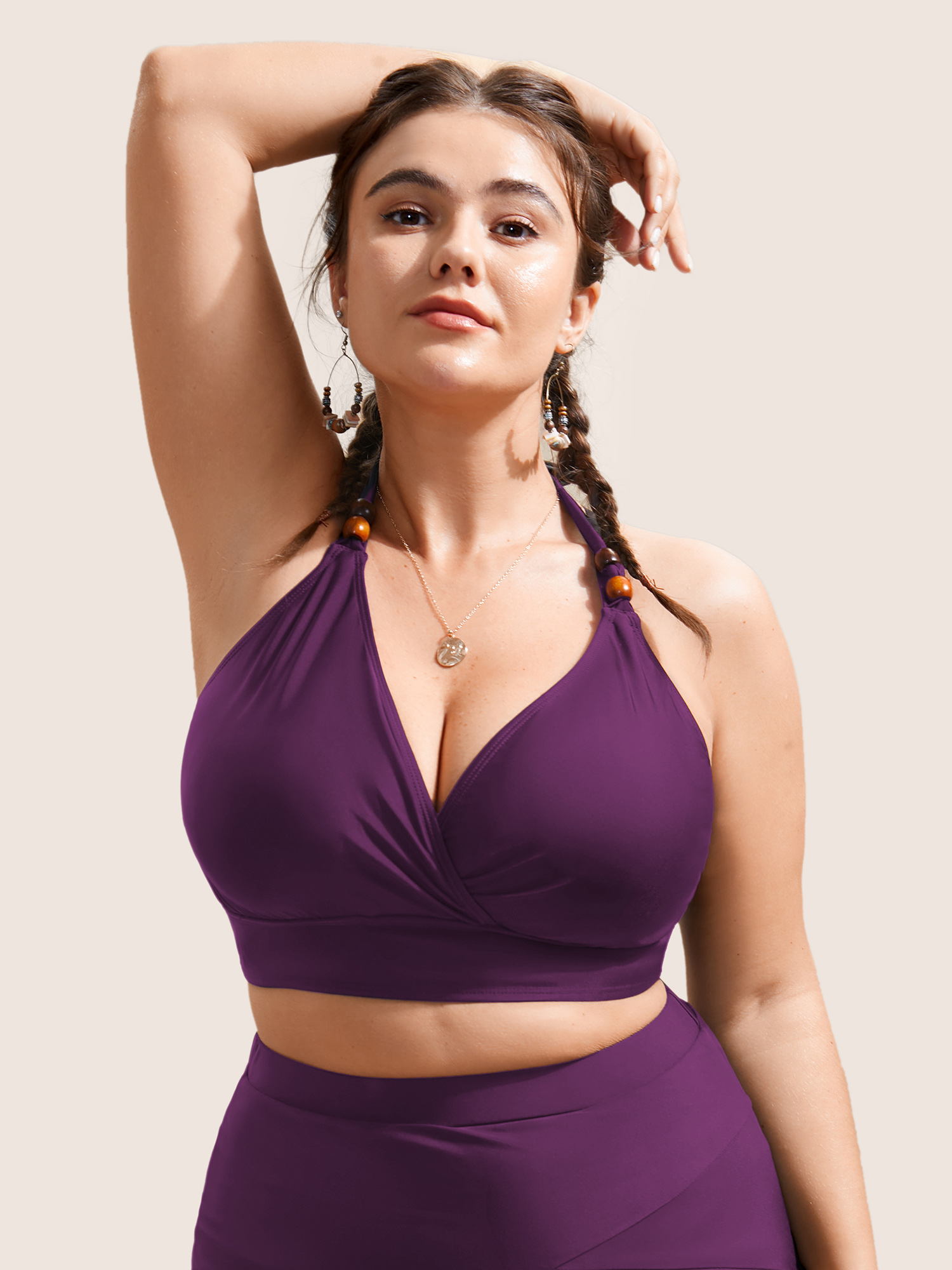 

Plus Size Plain V Neck High Stretch Tie Knot Swim Top Women's Swimwear Deeppurple Beach Tie knot High stretch Skinny Overlap Collar Curve Swim Tops BloomChic