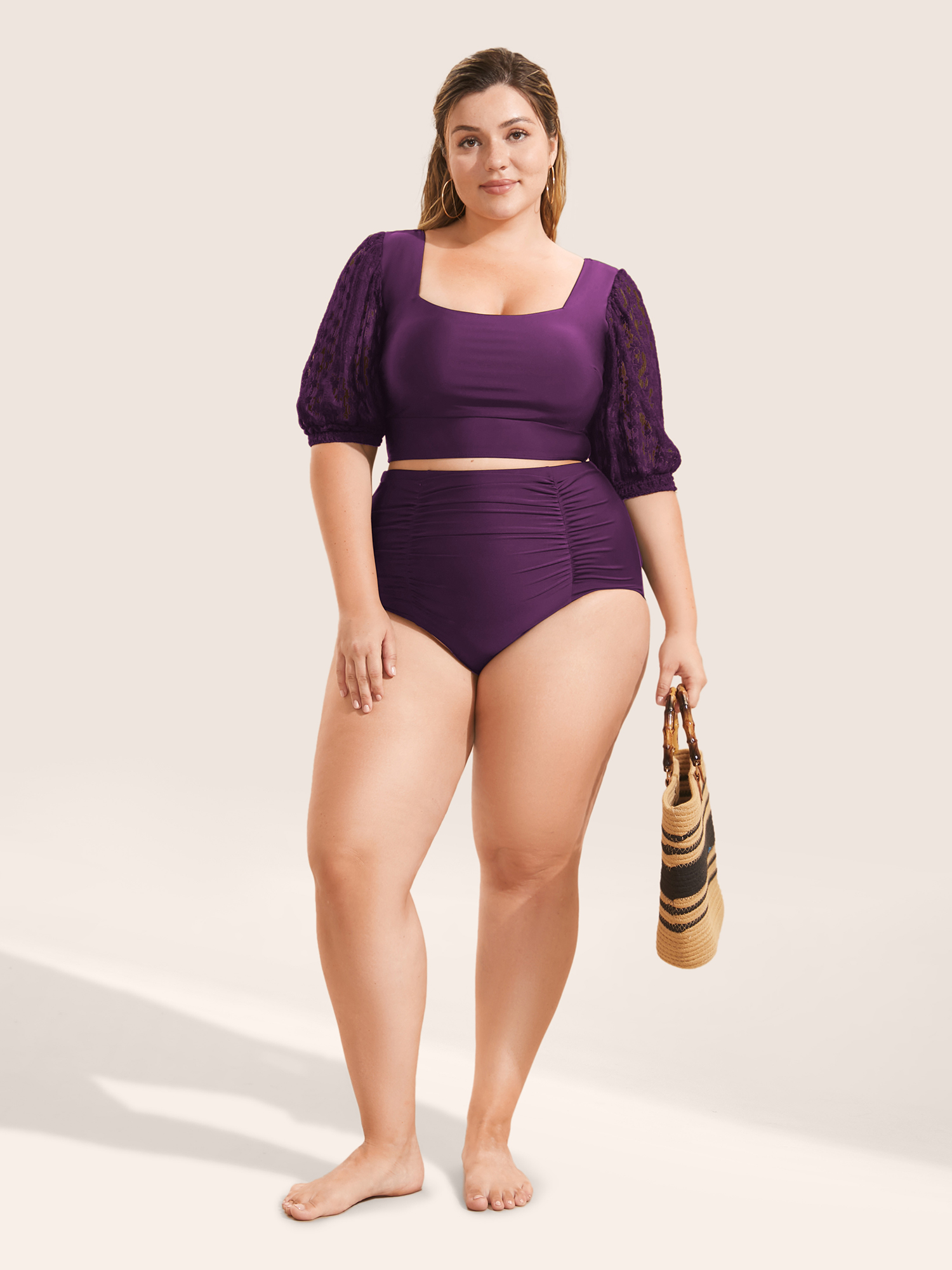 

Plus Size Square Neck Patchwork See Through Swim Top Women's Swimwear Deeppurple Beach See through High stretch Skinny Square Neck Curve Swim Tops BloomChic