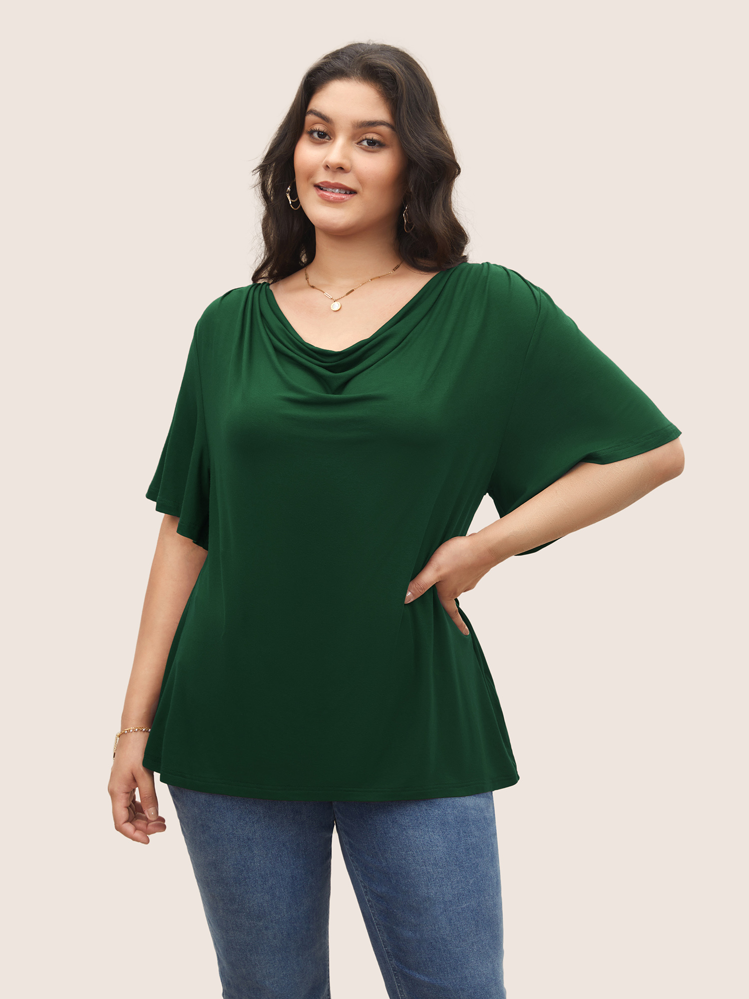 

Plus Size Supersoft Essentials Cowl Neck Ruffle Sleeve T-shirt DarkGreen Women Elegant Non Everyday T-shirts BloomChic