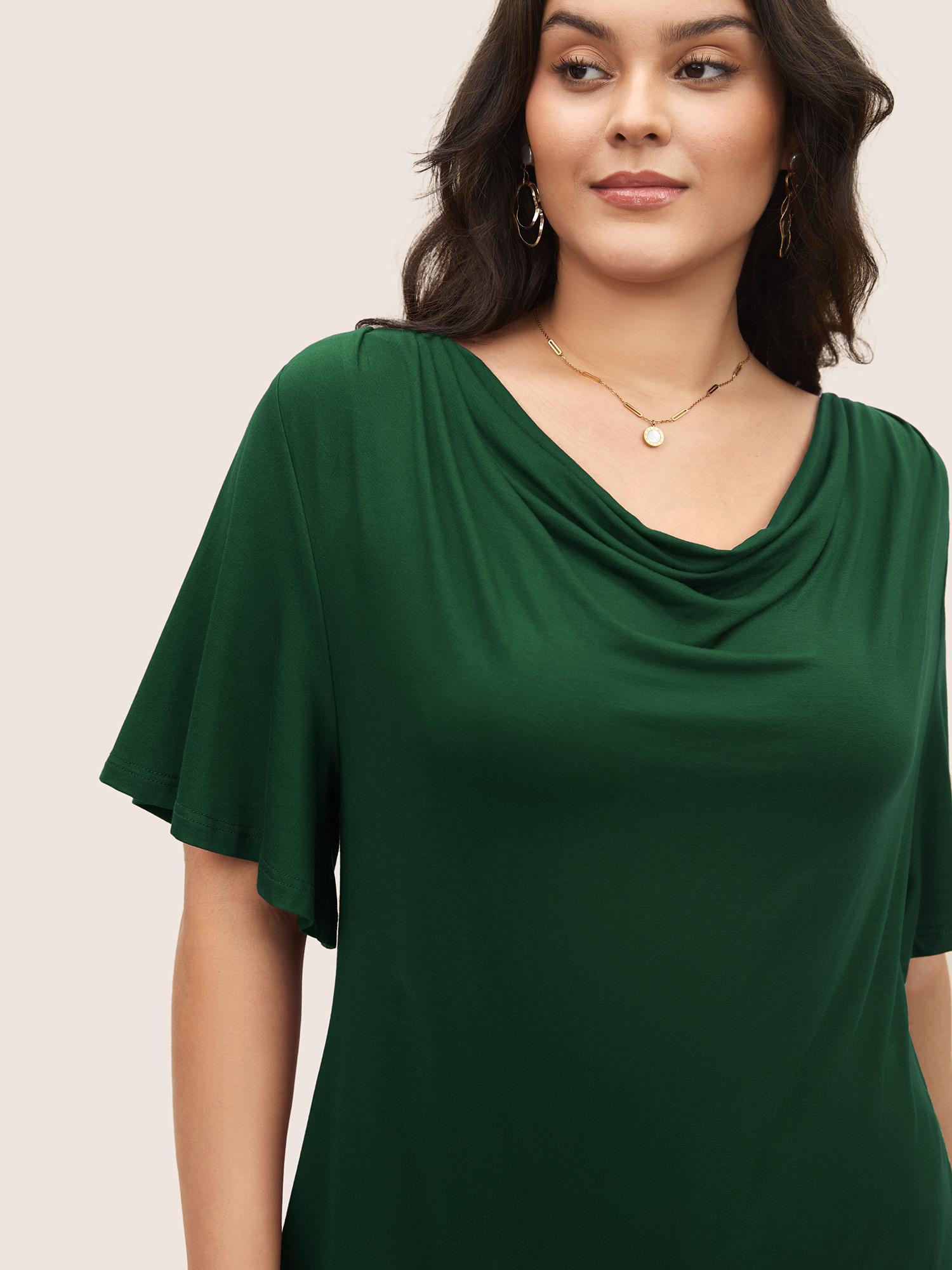 

Plus Size Supersoft Essentials Cowl Neck Ruffle Sleeve T-shirt DarkGreen Women Elegant Non Everyday T-shirts BloomChic