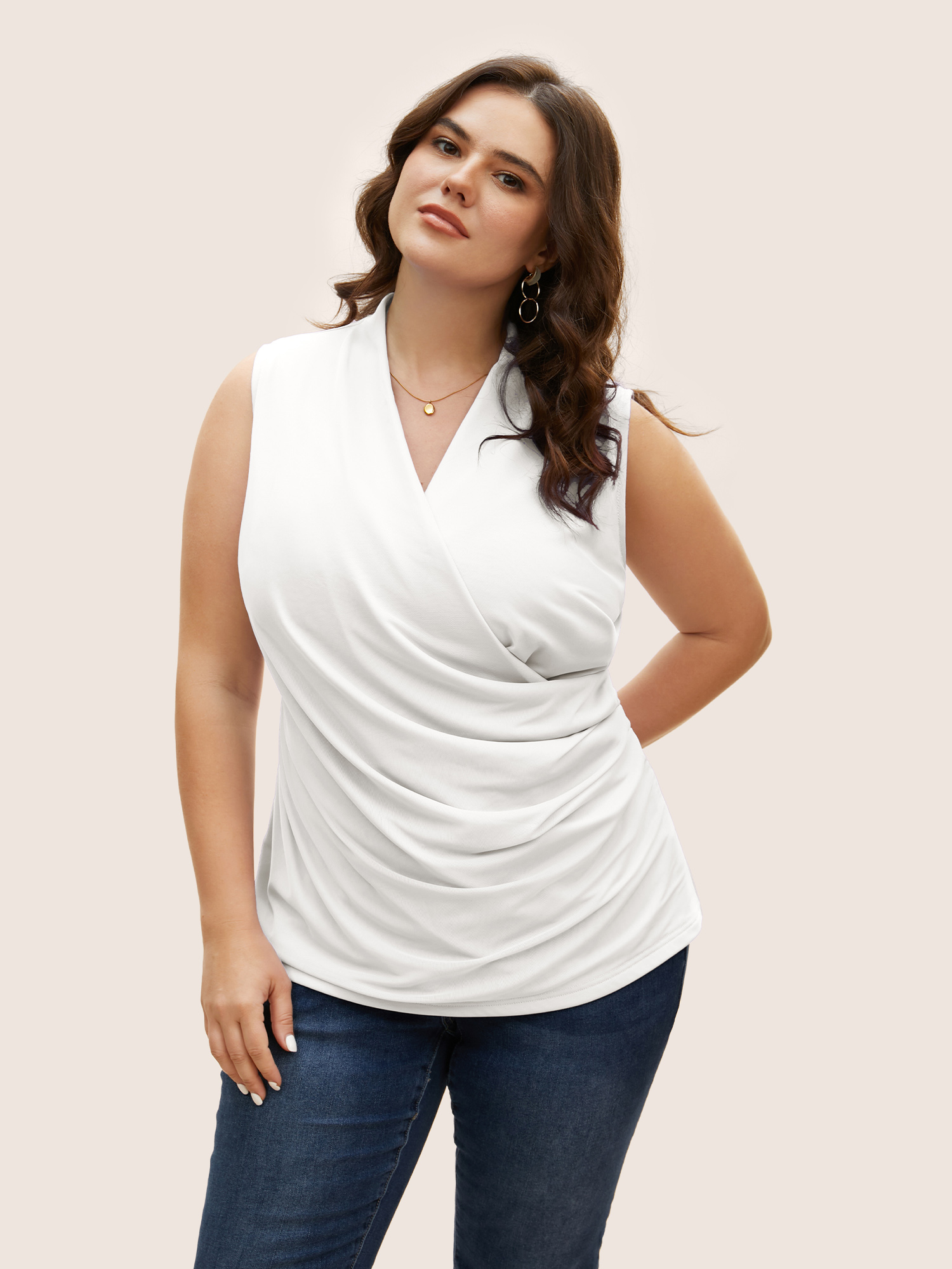 

Plus Size Overlap Collar Solid Pleated Tank Top Women Ivory Elegant Pleated Overlap Collar Everyday Tank Tops Camis BloomChic