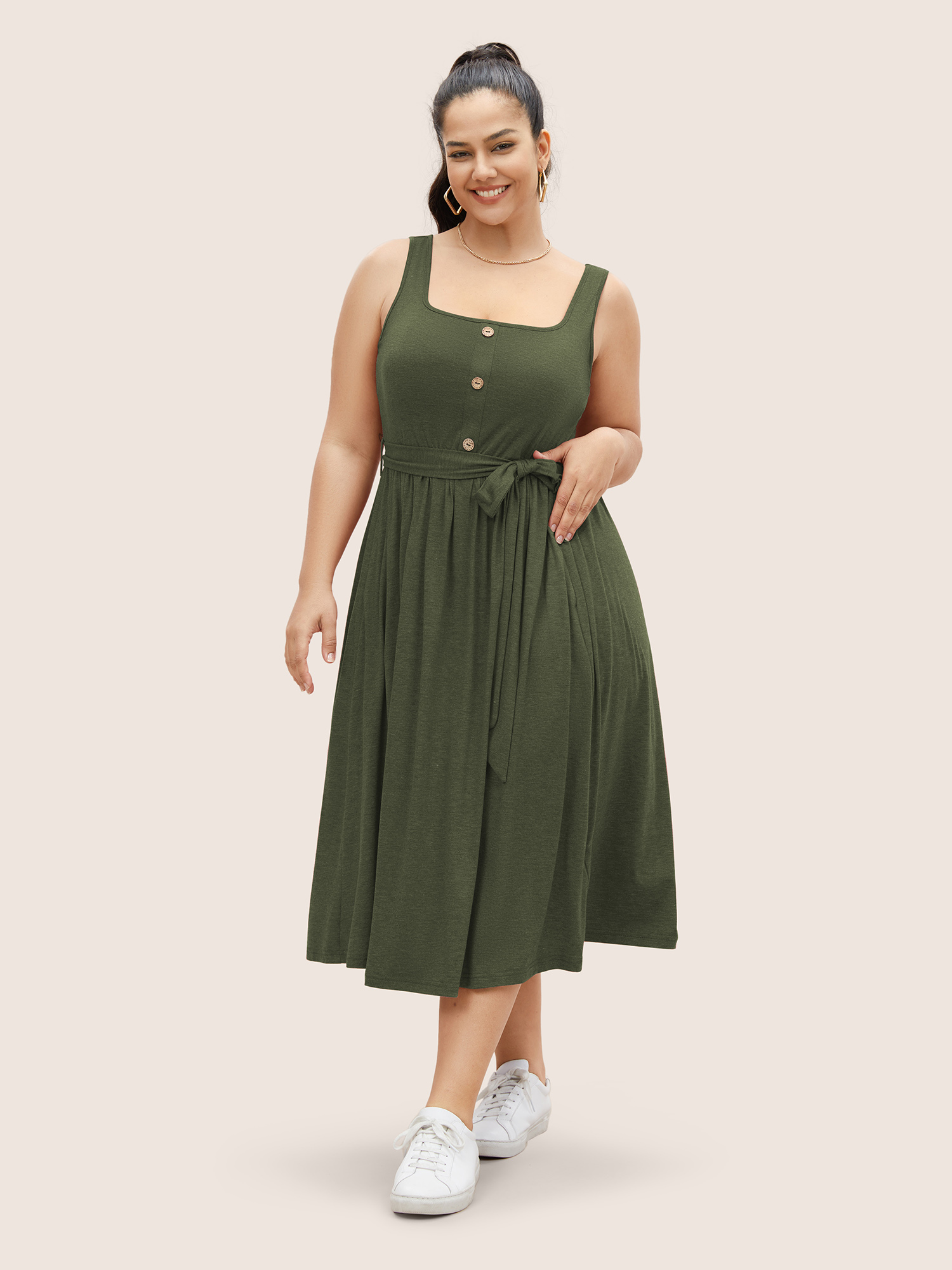 

Plus Size Supersoft Essentials Button Detail Belted Gathered Dress ArmyGreen Women Gathered Square Neck Sleeveless Curvy Midi Dress BloomChic