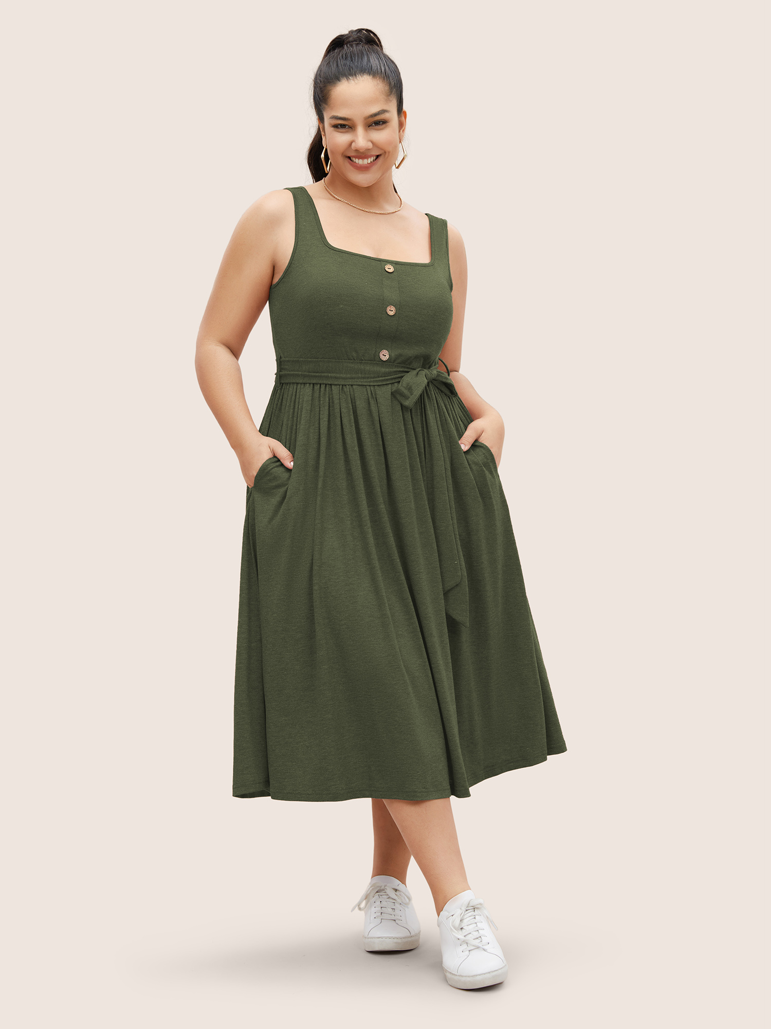 

Plus Size Supersoft Essentials Button Detail Belted Gathered Dress ArmyGreen Women Gathered Square Neck Sleeveless Curvy Midi Dress BloomChic