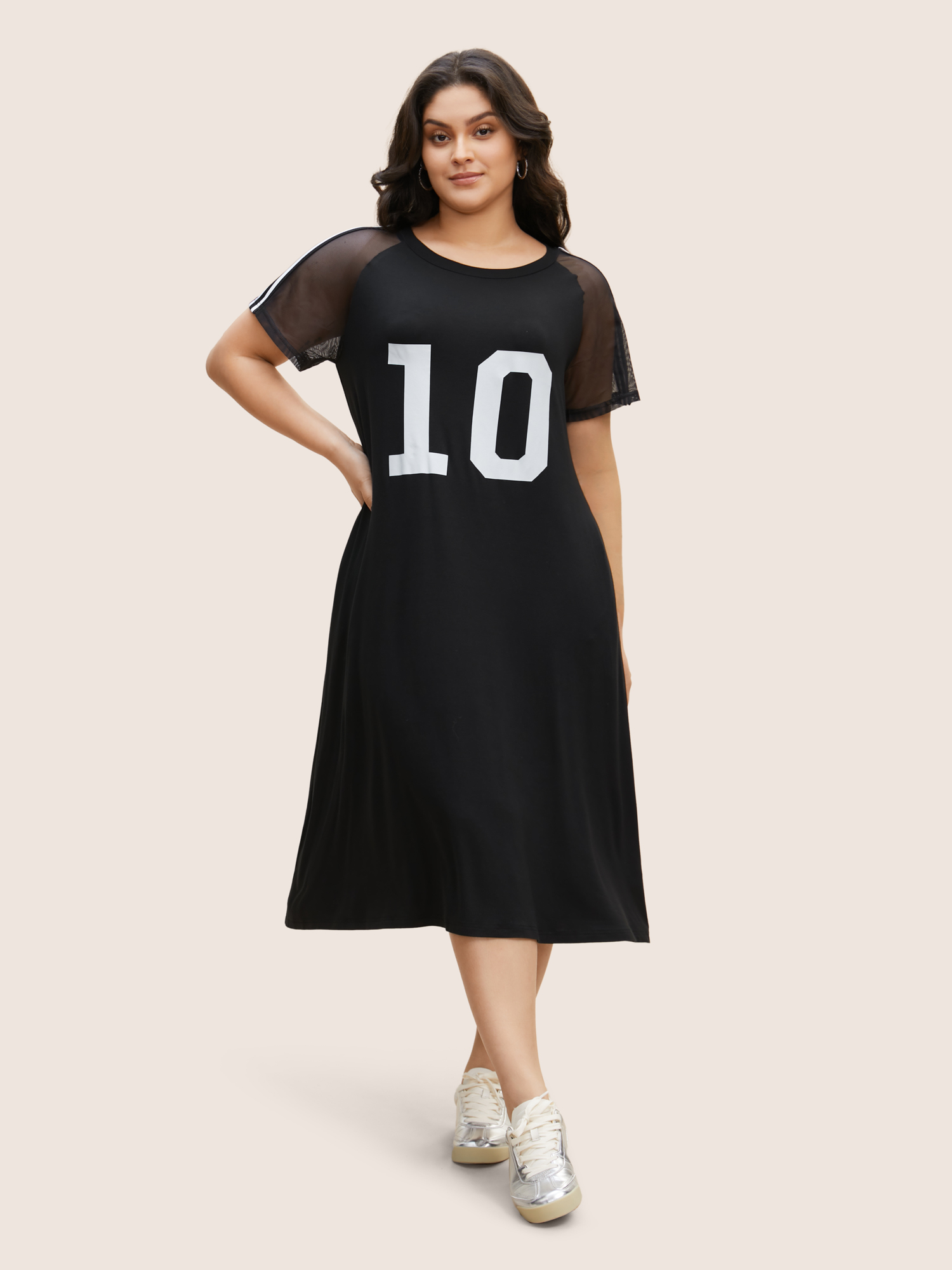 

Plus Size Number Print Striped Mesh Patchwork Midi Dress Black Women See through Round Neck Short sleeve Curvy BloomChic